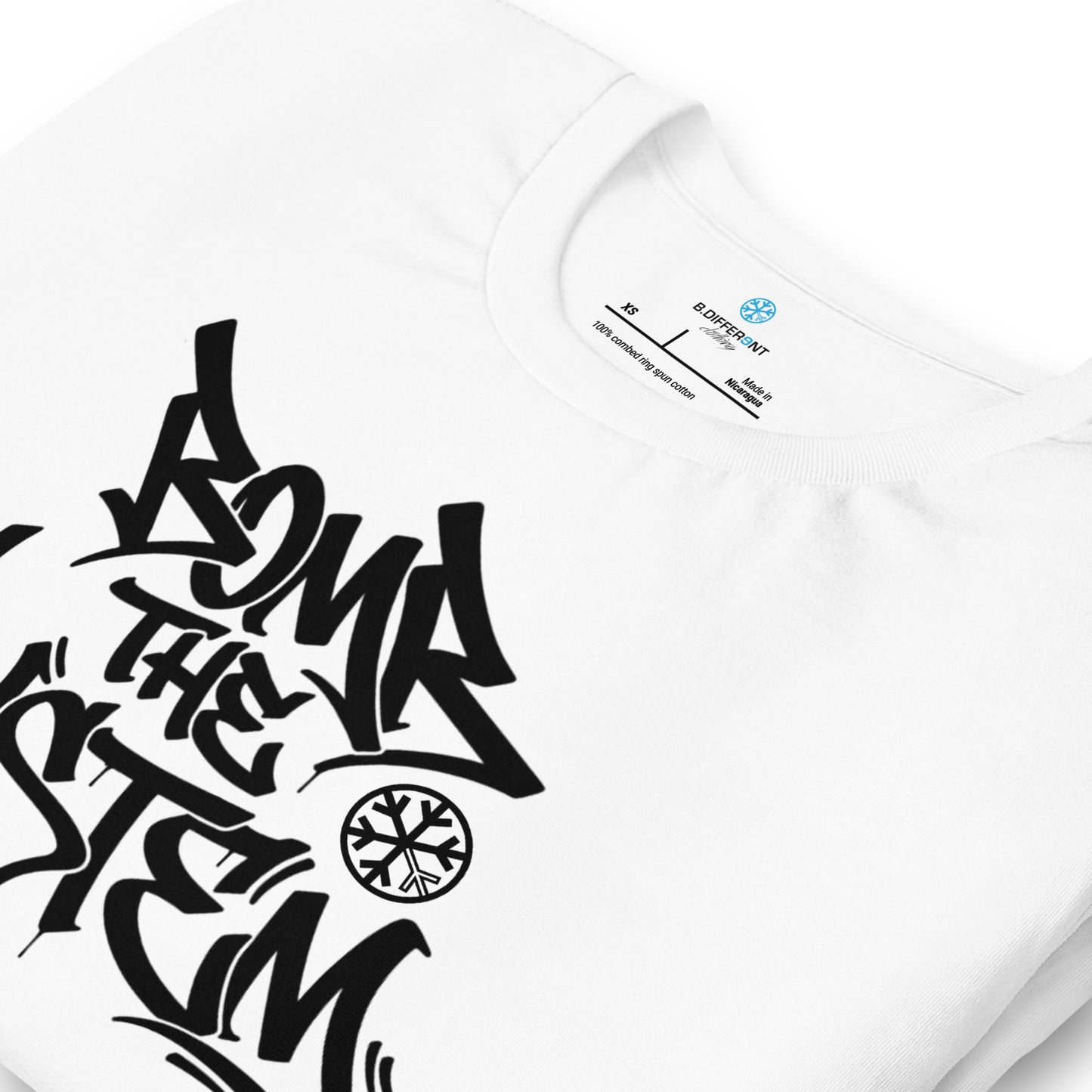 White-Bomb The System Graffiti Tee from B.Different Clothing, detail, graffiti-inspired streetwear t-shirt