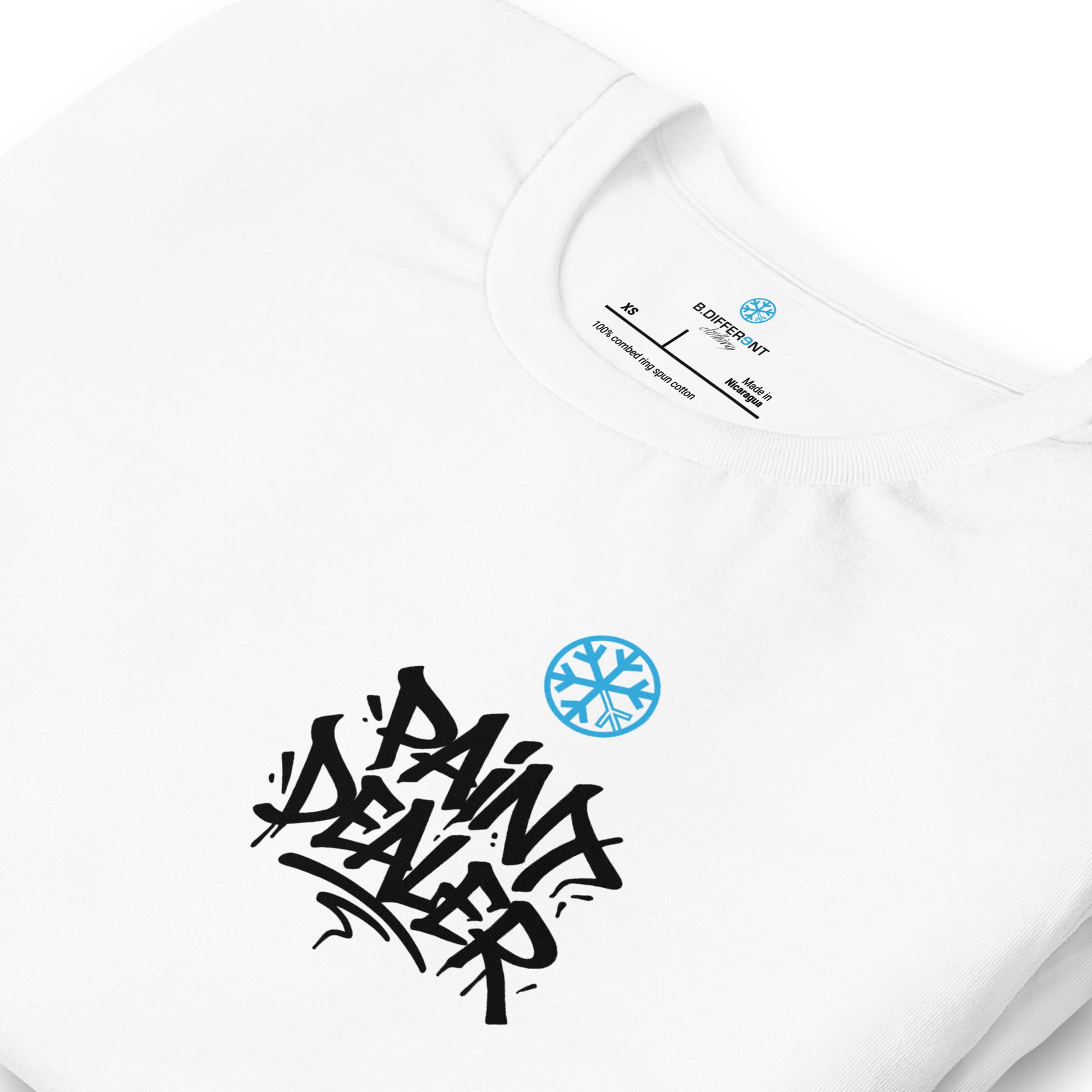White-Paint Dealer Graffiti Character Tee from B.Different Clothing, detail, graffiti-inspired streetwear t-shirt