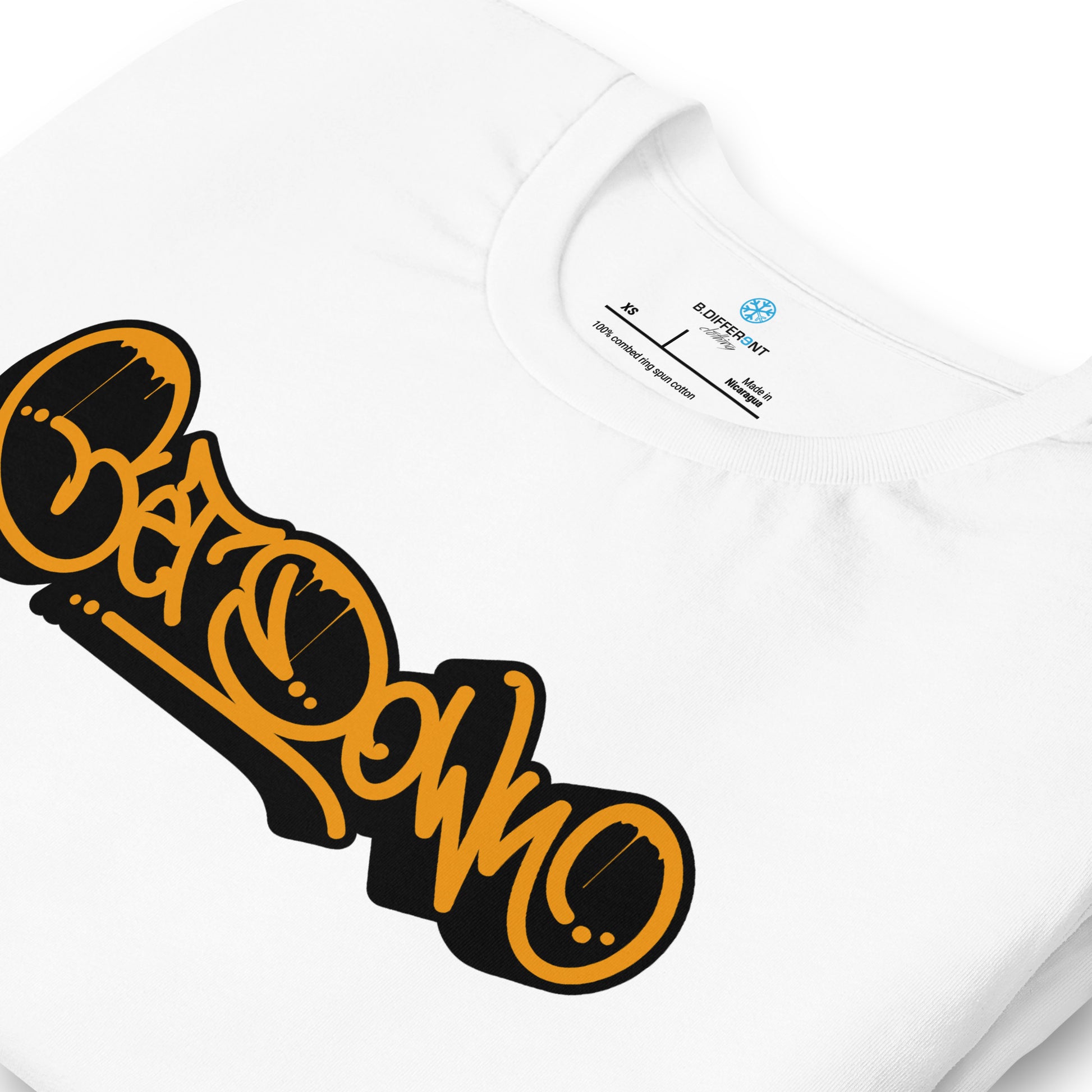 White-Get Down Graffiti Tag Tee from B.Different Clothing, detail, graffiti-inspired streetwear t-shirt