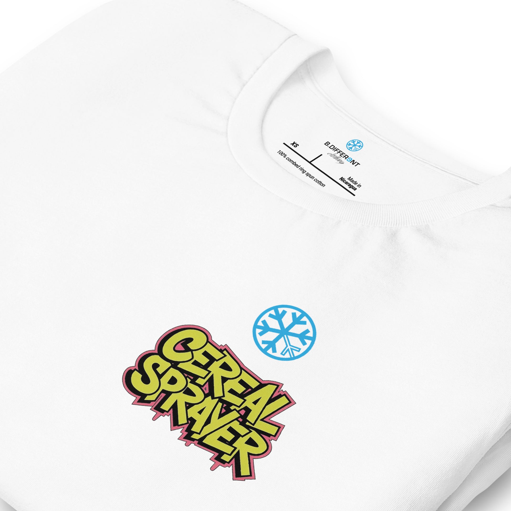 White-Cereal Sprayer Graffiti Tee from B.Different Clothing, detail, graffiti-inspired streetwear t-shirt
