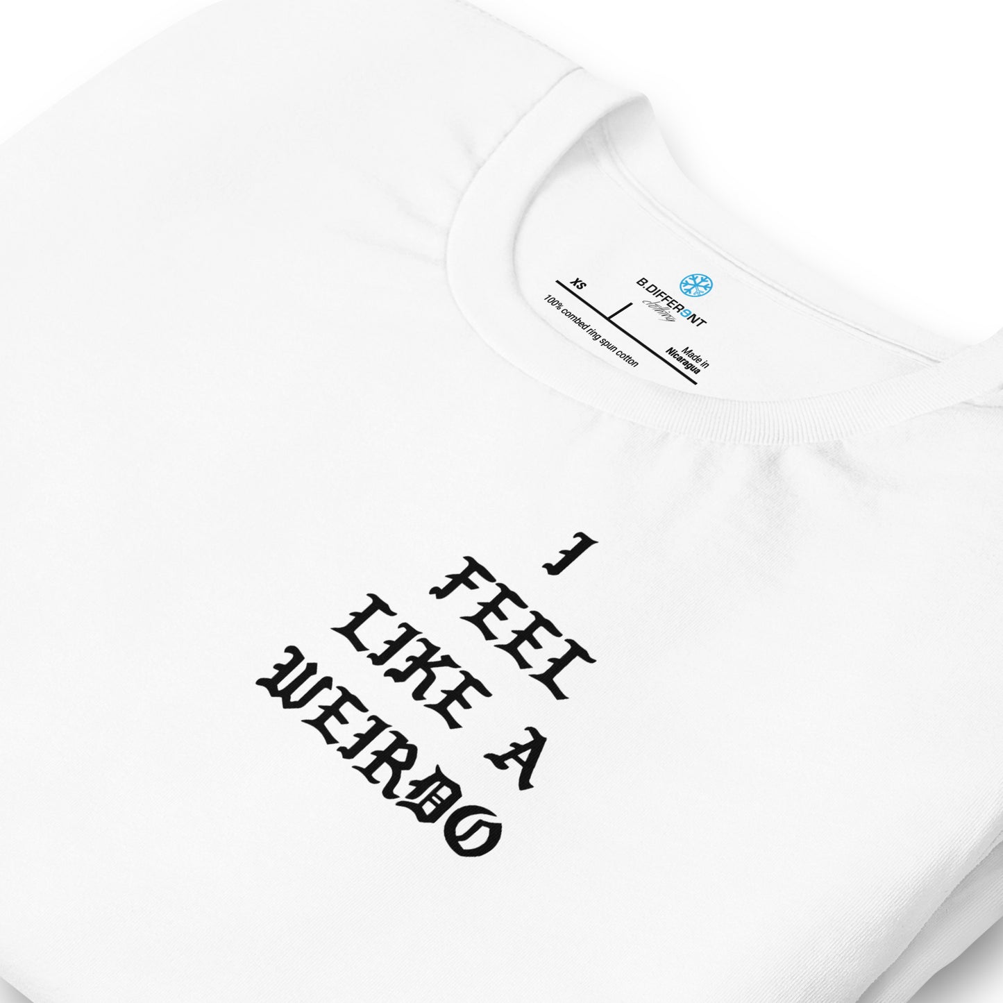White-I Feel Like a Weirdo Tee from B.Different Clothing, detail, graffiti-inspired streetwear t-shirt