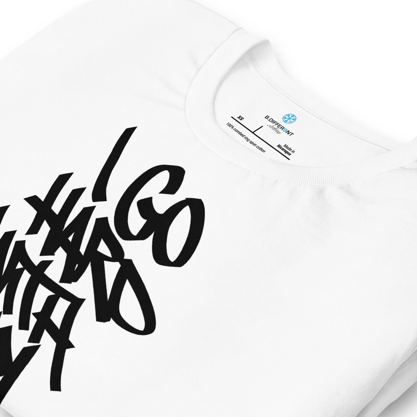 White-I Go Hard With My Paint Graffiti Tee from B.Different Clothing, detail, graffiti-inspired streetwear t-shirt