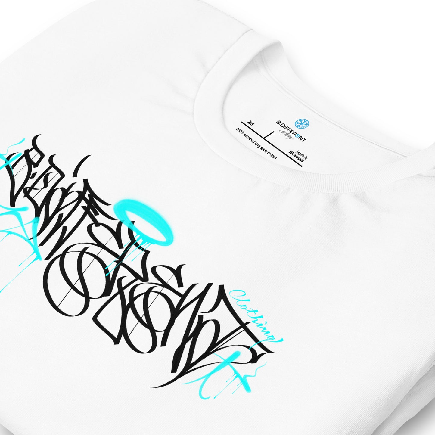 White-Caos One Collab Graffiti Tee from B.Different Clothing, detail, graffiti-inspired streetwear t-shirt