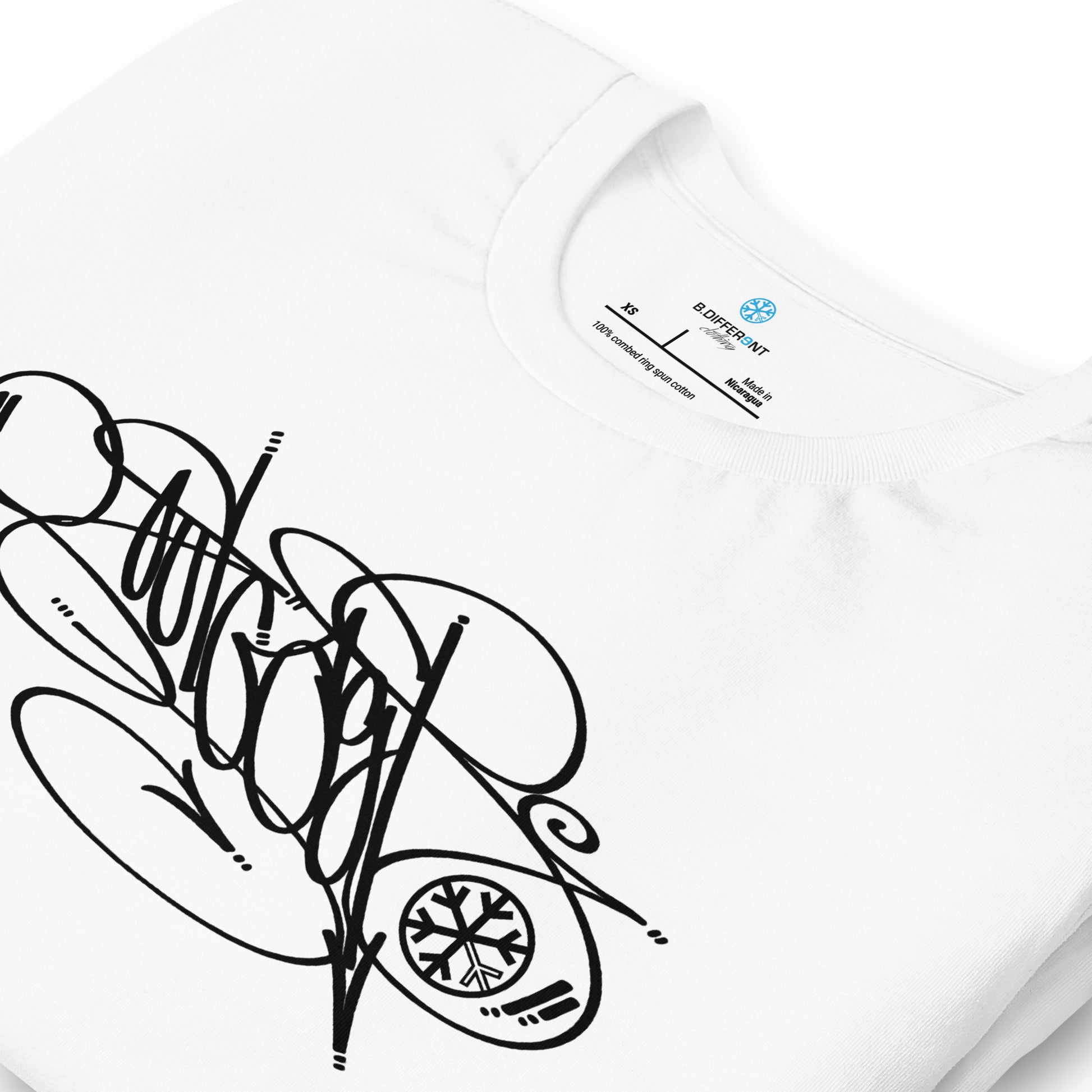 White-Outcast Tag Tee by Graffiti Dad from B.Different Clothing, detail, graffiti-inspired streetwear t-shirt