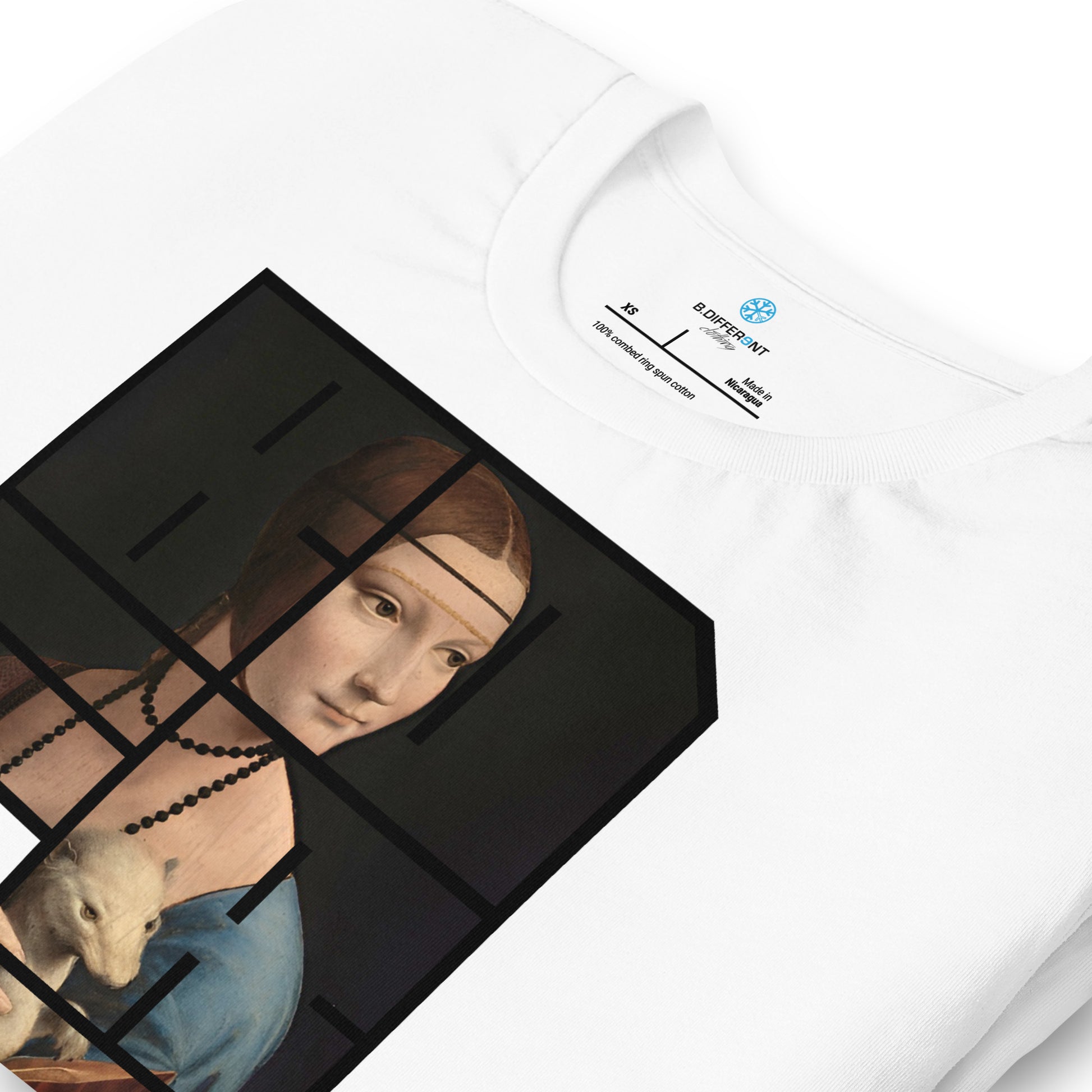 White-BDFRNT Blockbuster x Lady With Ermine Graffiti Tee from B.Different Clothing, detail, graffiti-inspired streetwear t-shirt