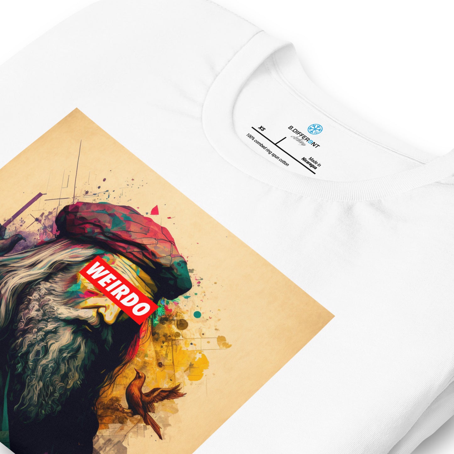 White-Leonardo da Vinci Tee from B.Different Clothing, detail, graffiti-inspired streetwear t-shirt