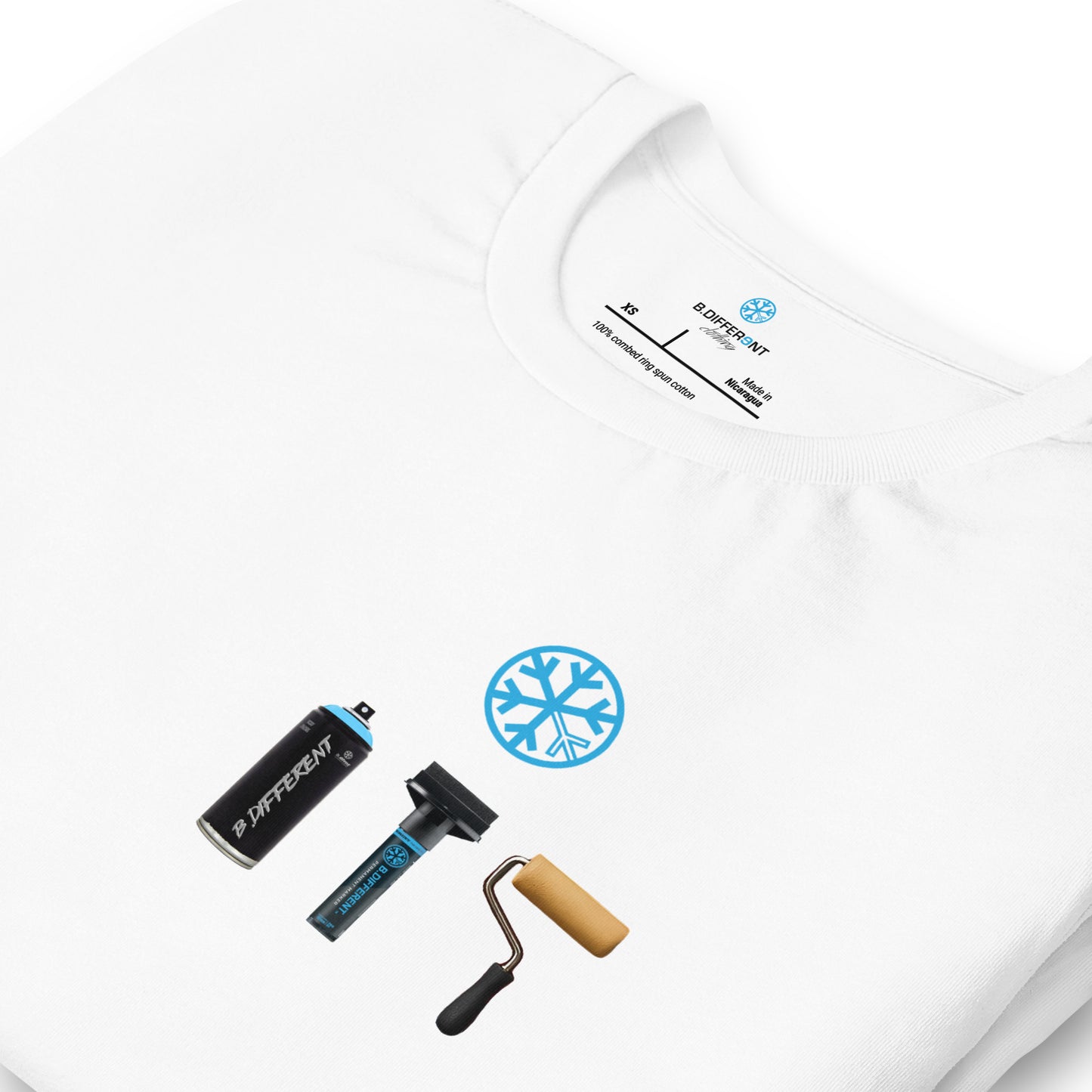 White-Graffiti Artist Action Figure Tee from B.Different Clothing, detail, graffiti-inspired streetwear t-shirt
