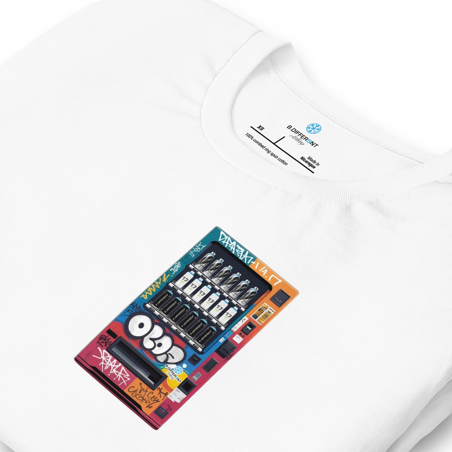 White-Graffiti Vending Machine Tee from B.Different Clothing, detail, graffiti-inspired streetwear t-shirt