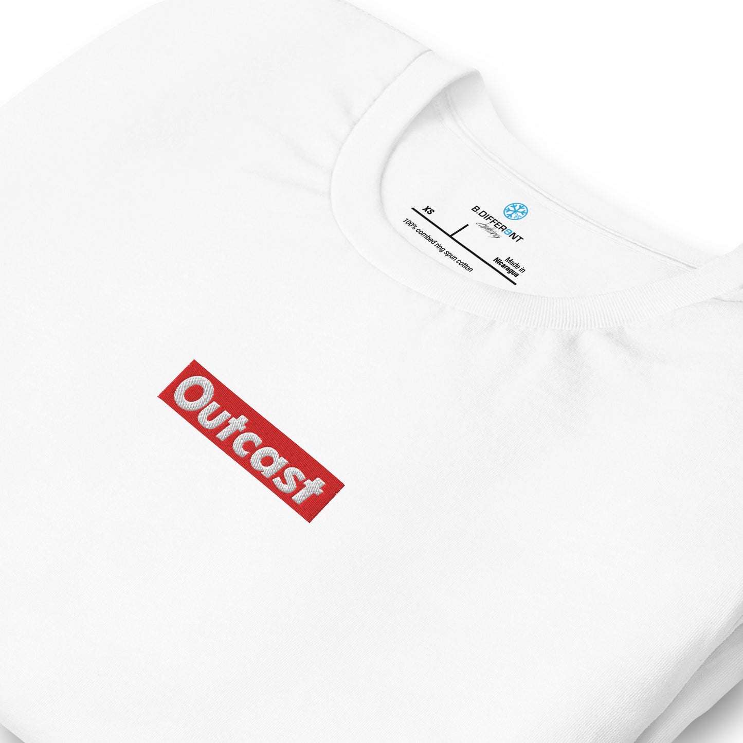 White-Outcast Box Tee from B.Different Clothing, detail, graffiti-inspired streetwear t-shirt