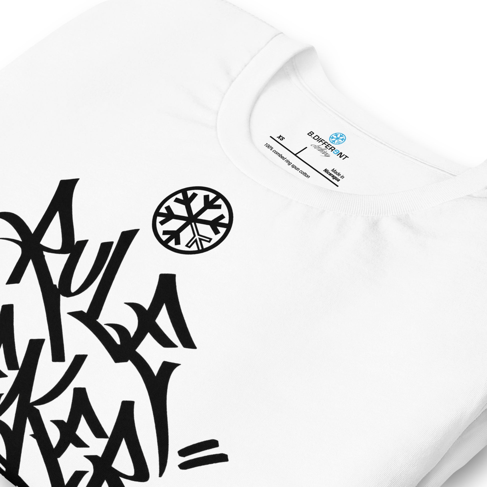 White-Rule Breaker Graffiti Tag Tee from B.Different Clothing, detail, graffiti-inspired streetwear