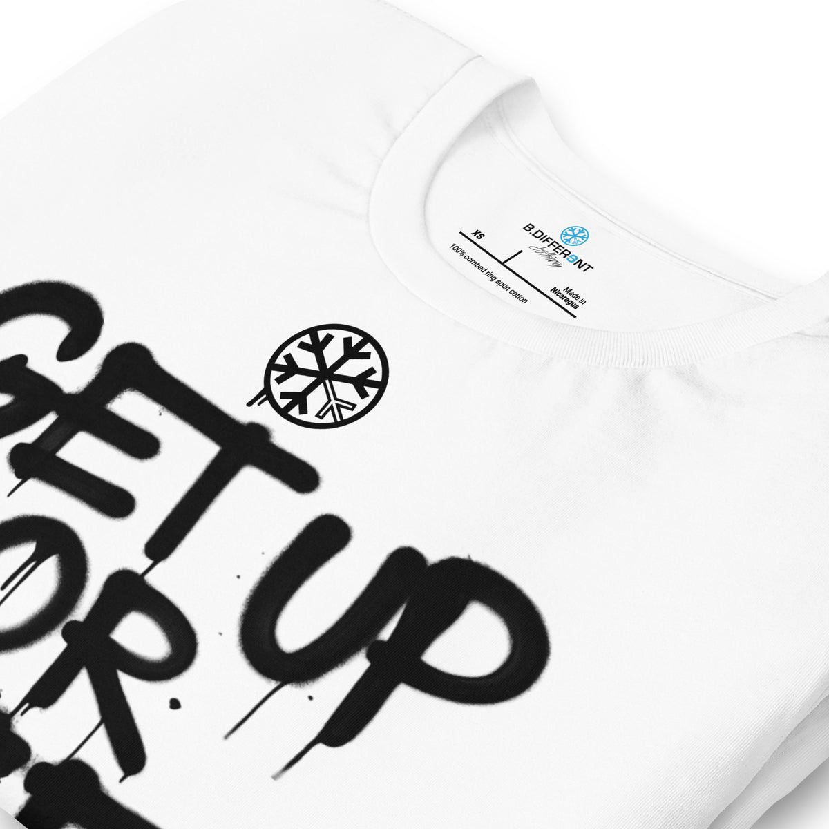 White-Get Up or Die Graffiti Tag Tee from B.Different Clothing, detail, graffiti-inspired streetwear t-shirt