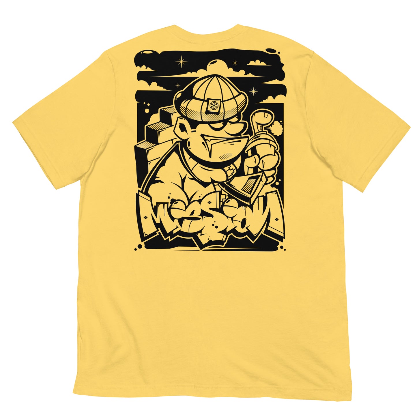 Yellow-Mission Graffiti Character Tee from B.Different Clothing, back view, graffiti-inspired streetwear t-shirt