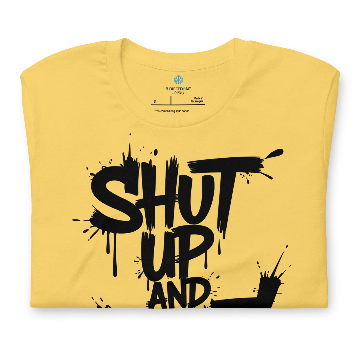 Yellow-Shut Up and Paint Graffiti Tee from B.Different Clothing, folded, graffiti-inspired streetwear t-shirt