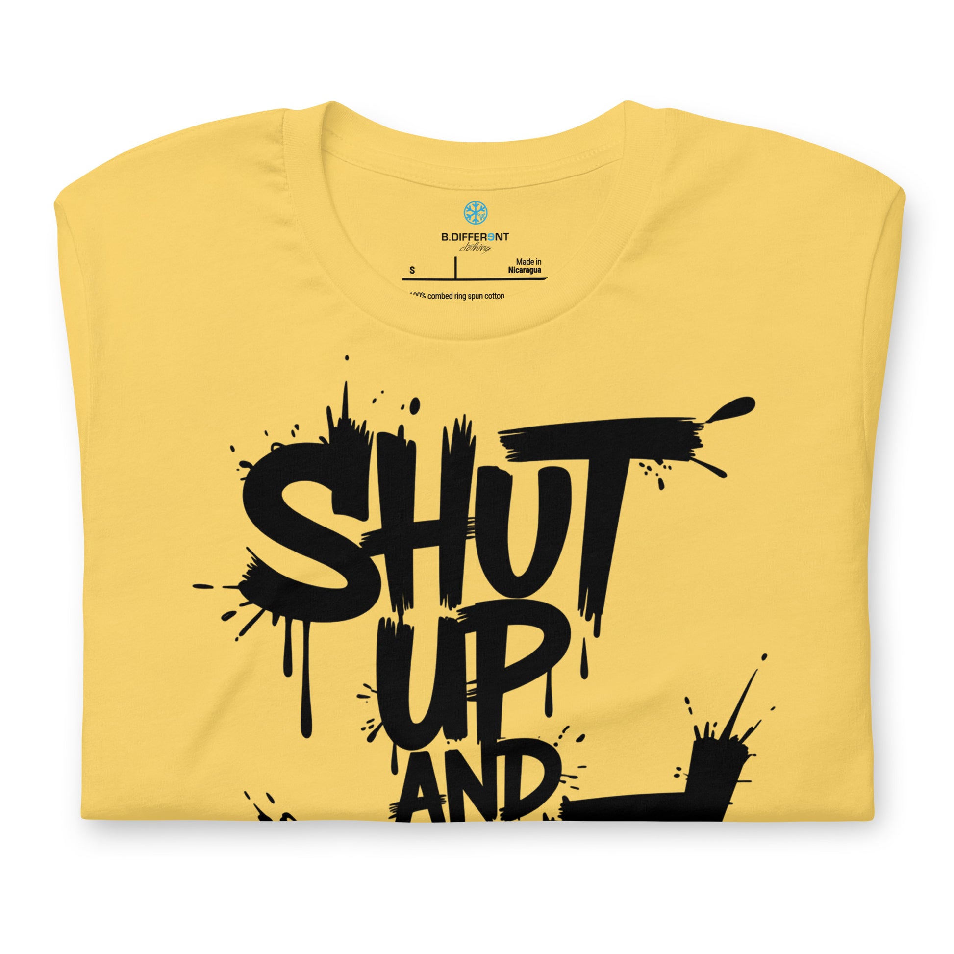 Yellow-Shut Up and Paint Graffiti Tee from B.Different Clothing, folded, graffiti-inspired streetwear t-shirt