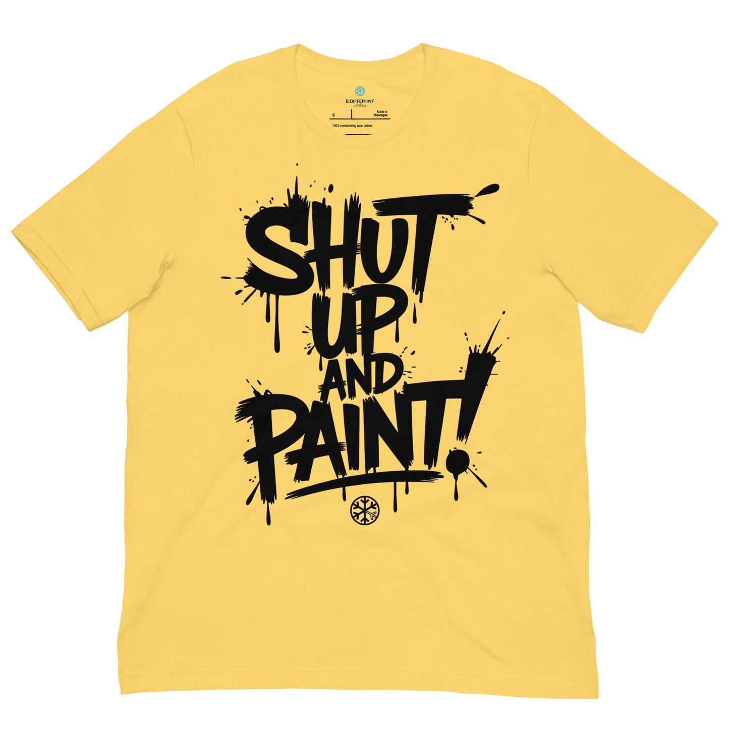 Yellow-Shut Up and Paint Graffiti Tee from B.Different Clothing, front view, graffiti-inspired streetwear t-shirt