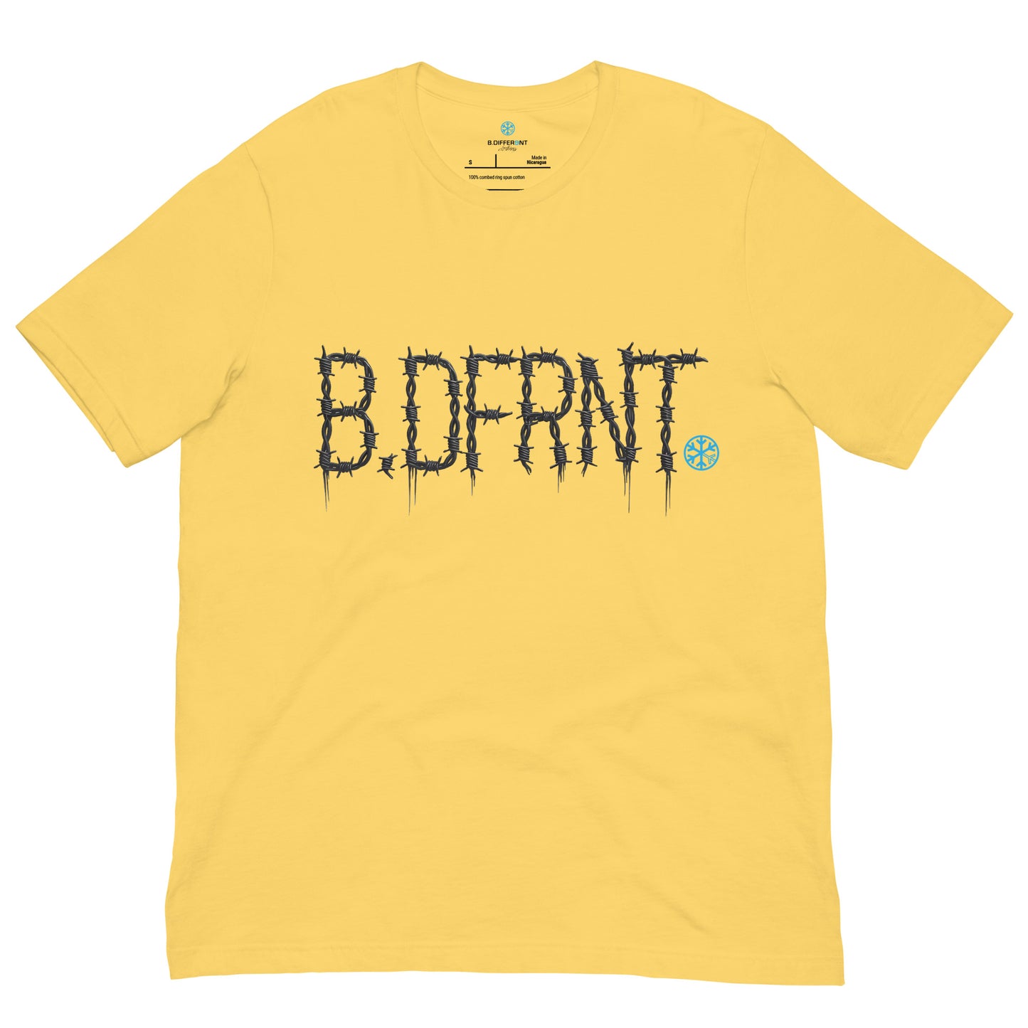 Yellow-B.DFRNT Barbed Wire Tee from B.Different Clothing, front view, graffiti-inspired streetwear t-shirt