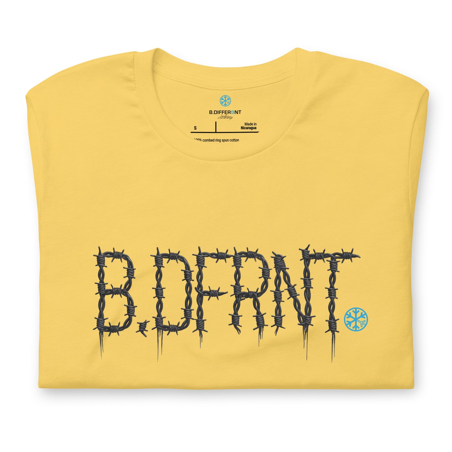 Yellow-B.DFRNT Barbed Wire Tee from B.Different Clothing, folded, graffiti-inspired streetwear t-shirt