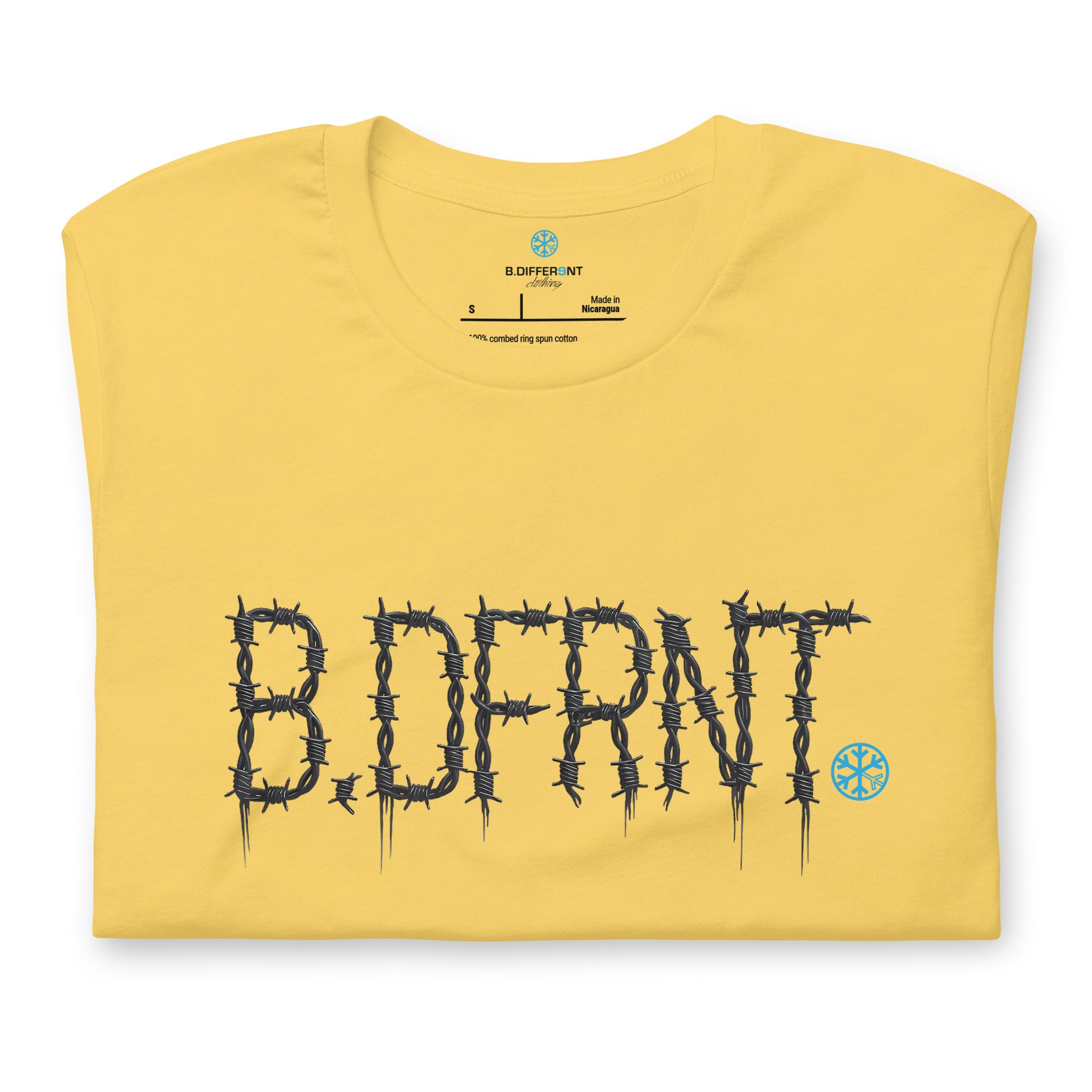 Yellow-B.DFRNT Barbed Wire Tee from B.Different Clothing, folded, graffiti-inspired streetwear t-shirt