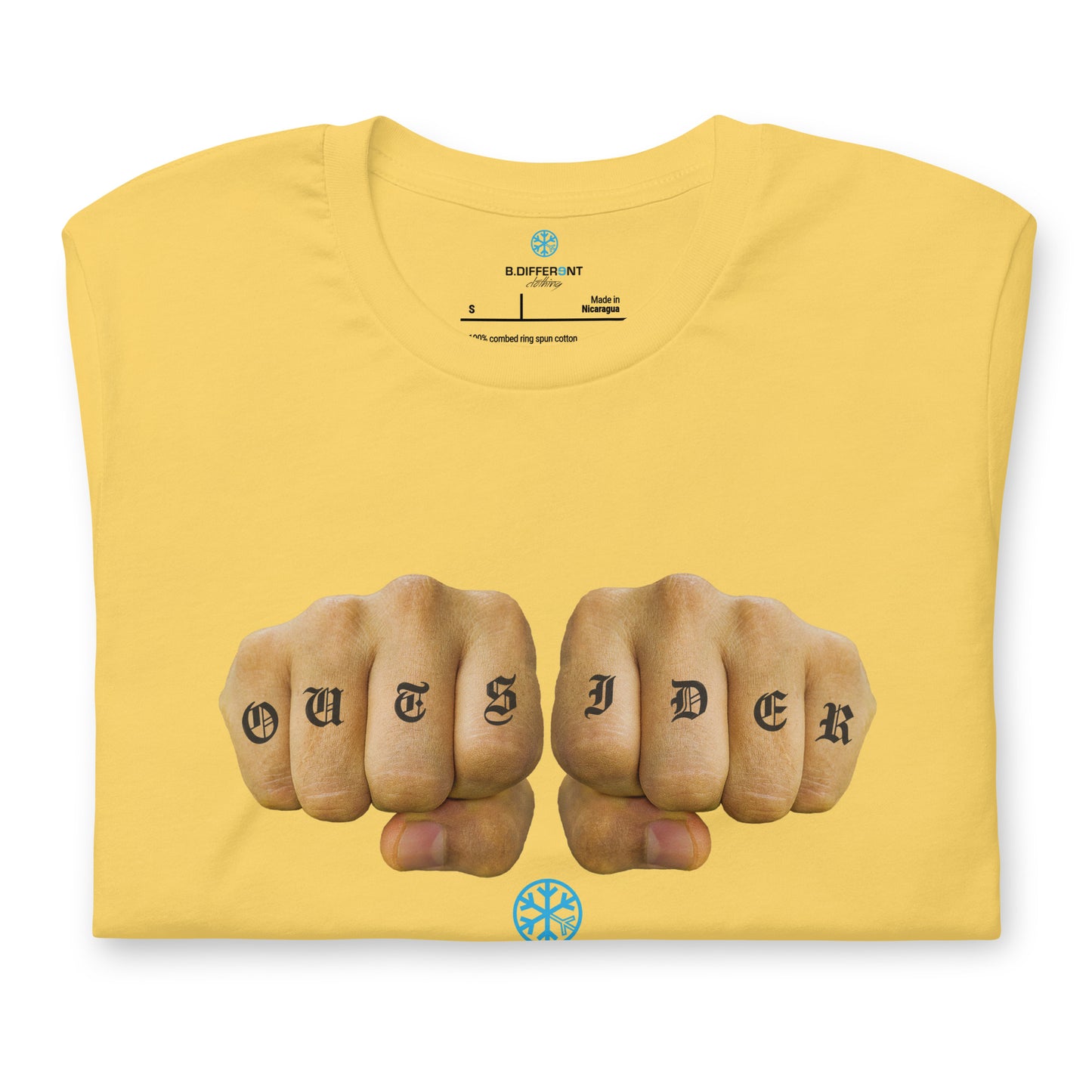 Yellow-Outsider Tattoo Tee from B.Different Clothing, folded, graffiti-inspired streetwear t-shirt