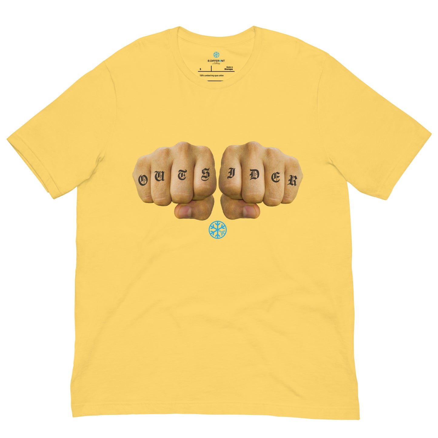 Yellow-Outsider Tattoo Tee from B.Different Clothing, front view, graffiti-inspired streetwear t-shirt
