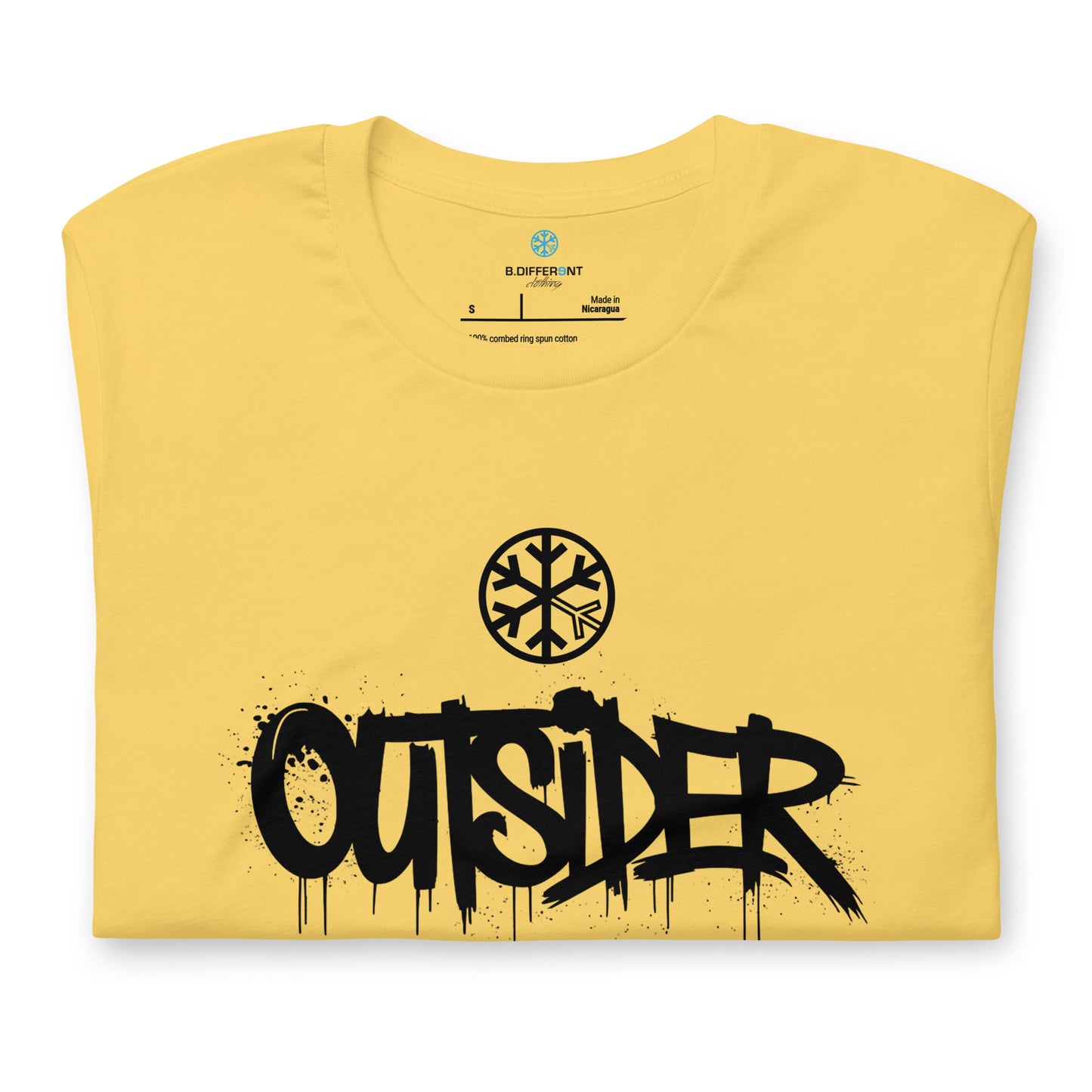 Yellow-Outsider Graffiti Tag Tee from B.Different Clothing, folded, graffiti-inspired streetwear t-shirt