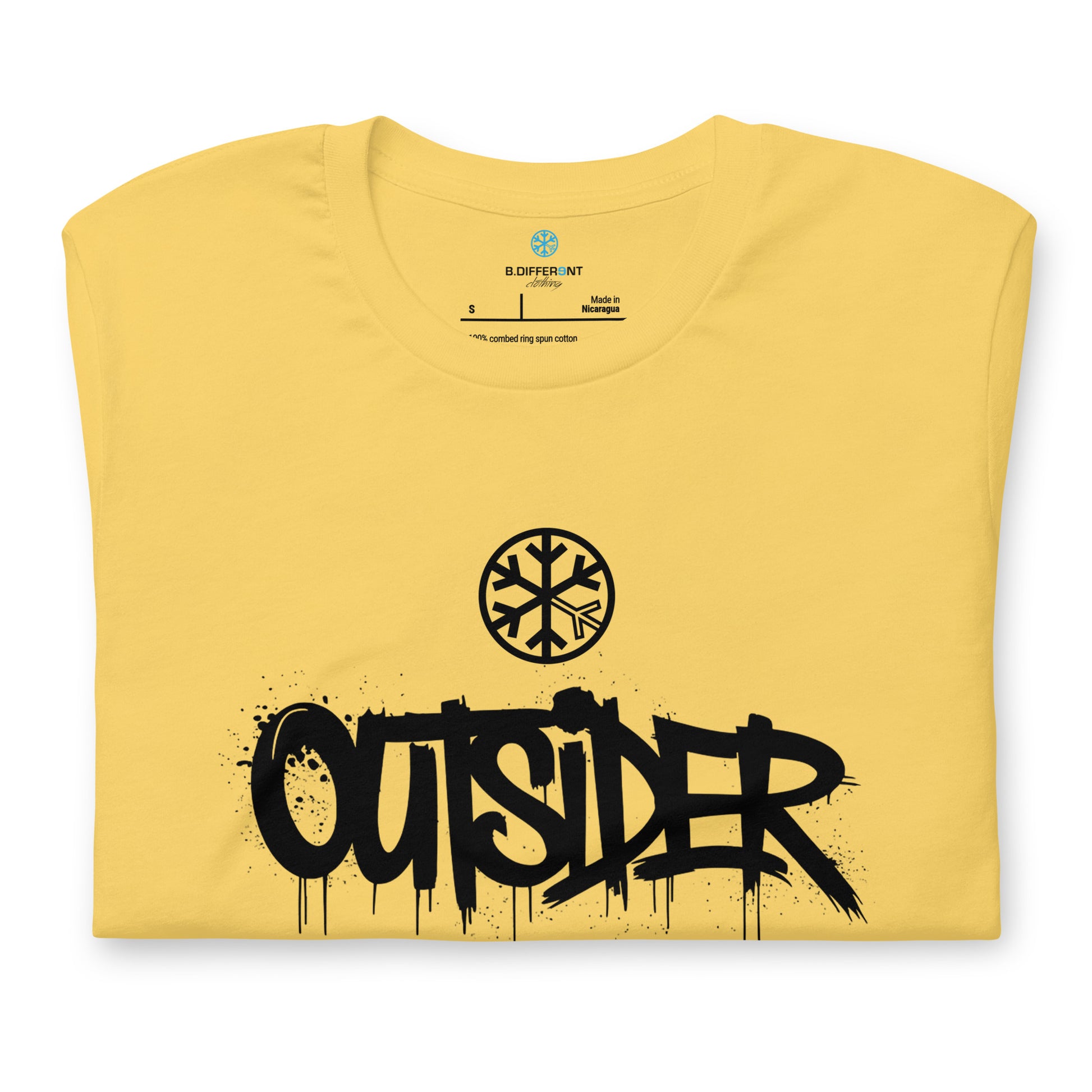 Yellow-Outsider Graffiti Tag Tee from B.Different Clothing, folded, graffiti-inspired streetwear t-shirt