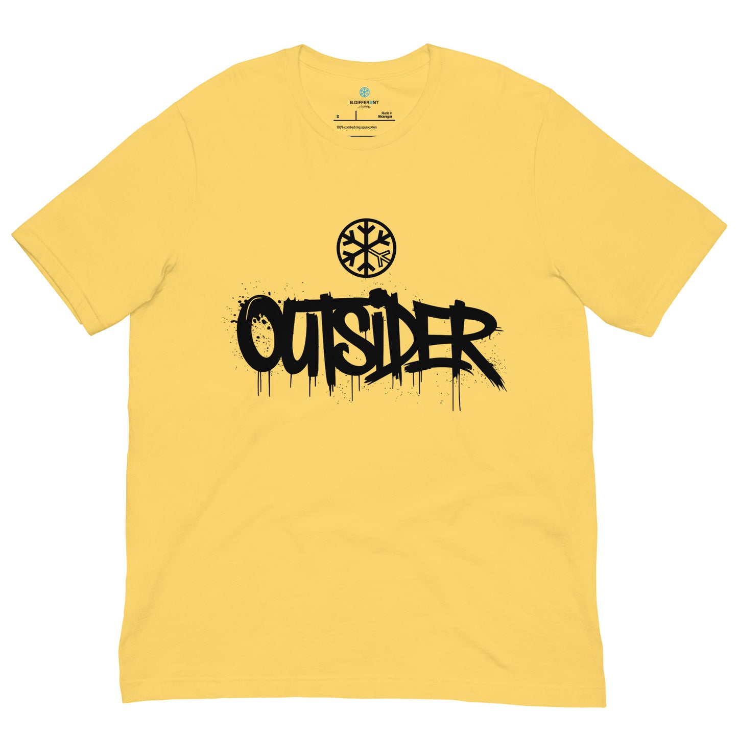 Yellow-Outsider Graffiti Tag Tee from B.Different Clothing, front view, graffiti-inspired streetwear t-shirt