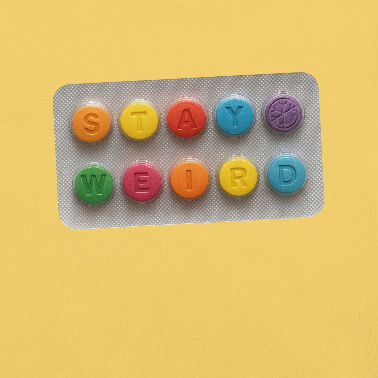 Yellow-Stay Weird Pills Tee from B.Different Clothing, graphic, graffiti-inspired streetwear t-shirt