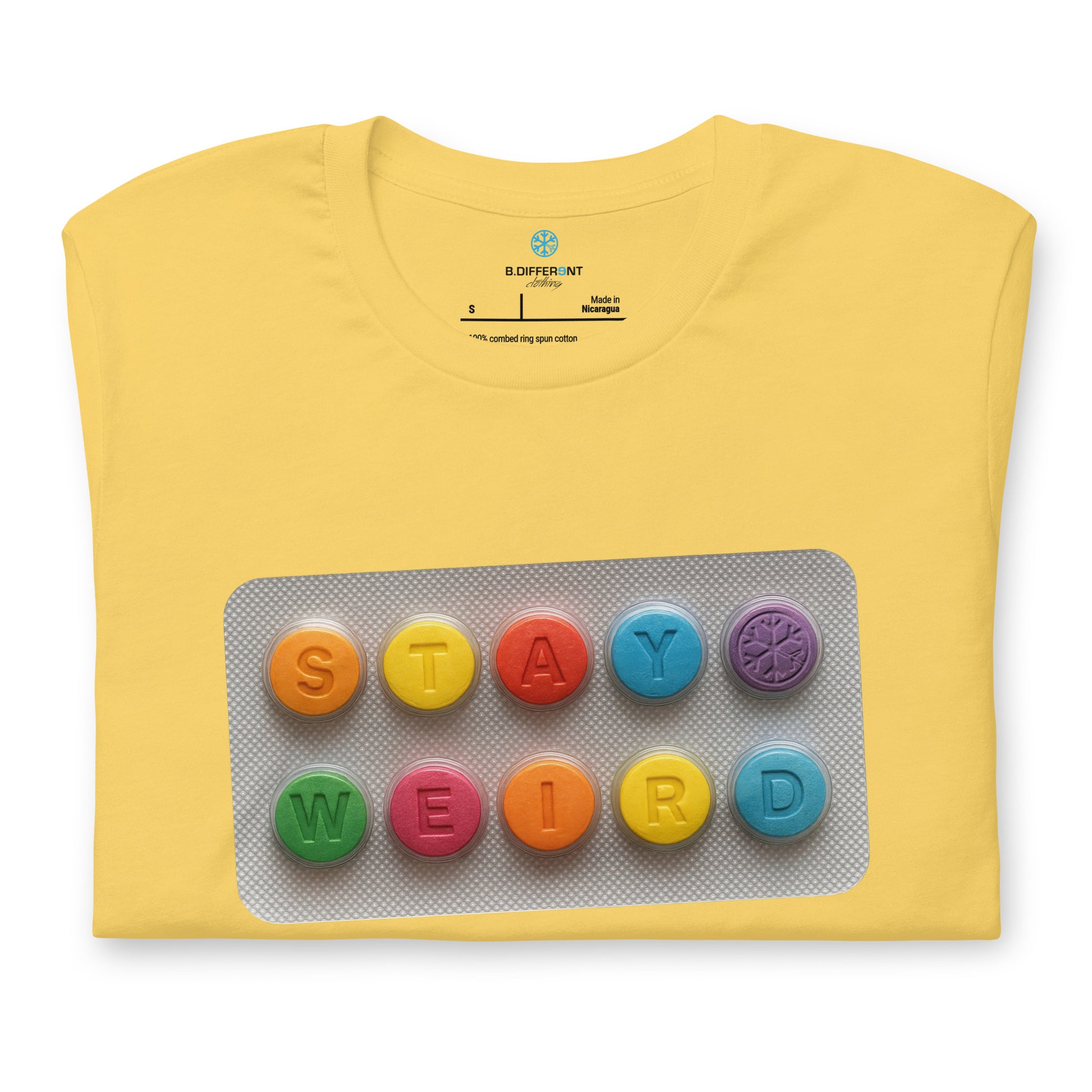 Yellow-Stay Weird Pills Tee from B.Different Clothing, folded, graffiti-inspired streetwear t-shirt
