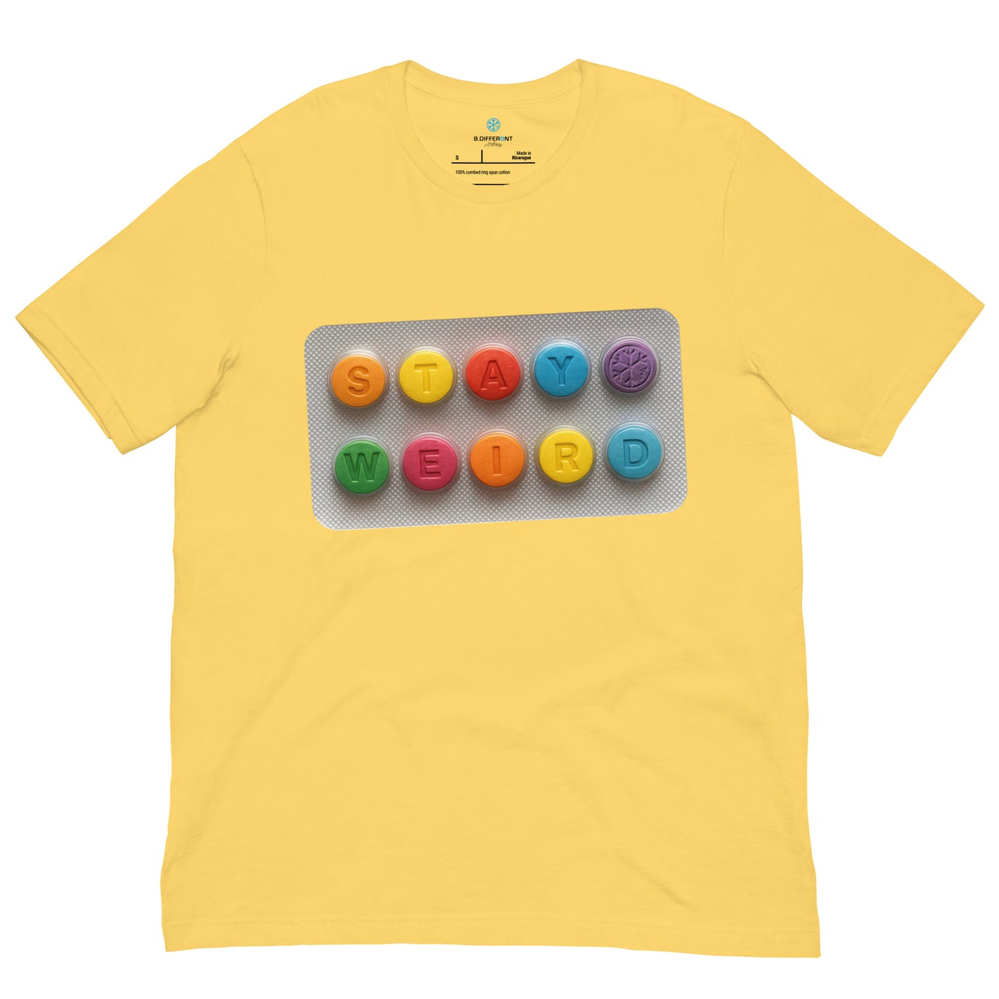 Yellow-Stay Weird Pills Tee from B.Different Clothing, front view, graffiti-inspired streetwear t-shirt