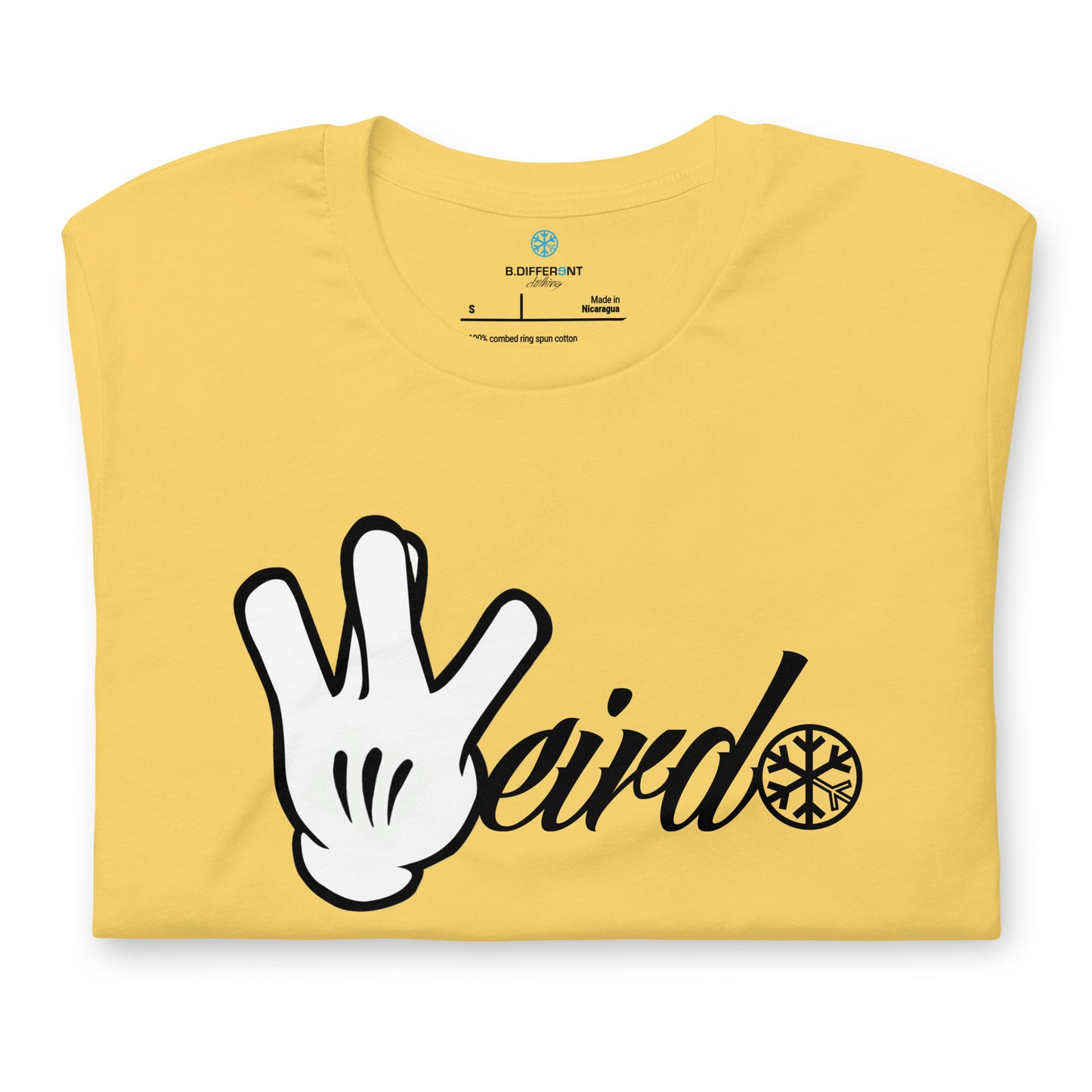 Yellow-Weirdo Hand Sign Tee from B.Different Clothing, folded, graffiti-inspired streetwear t-shirt