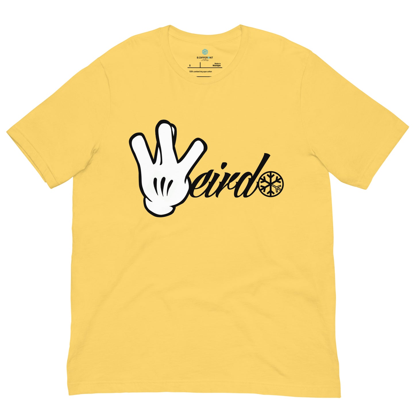 Yellow-Weirdo Hand Sign Tee from B.Different Clothing, front view, graffiti-inspired streetwear t-shirt