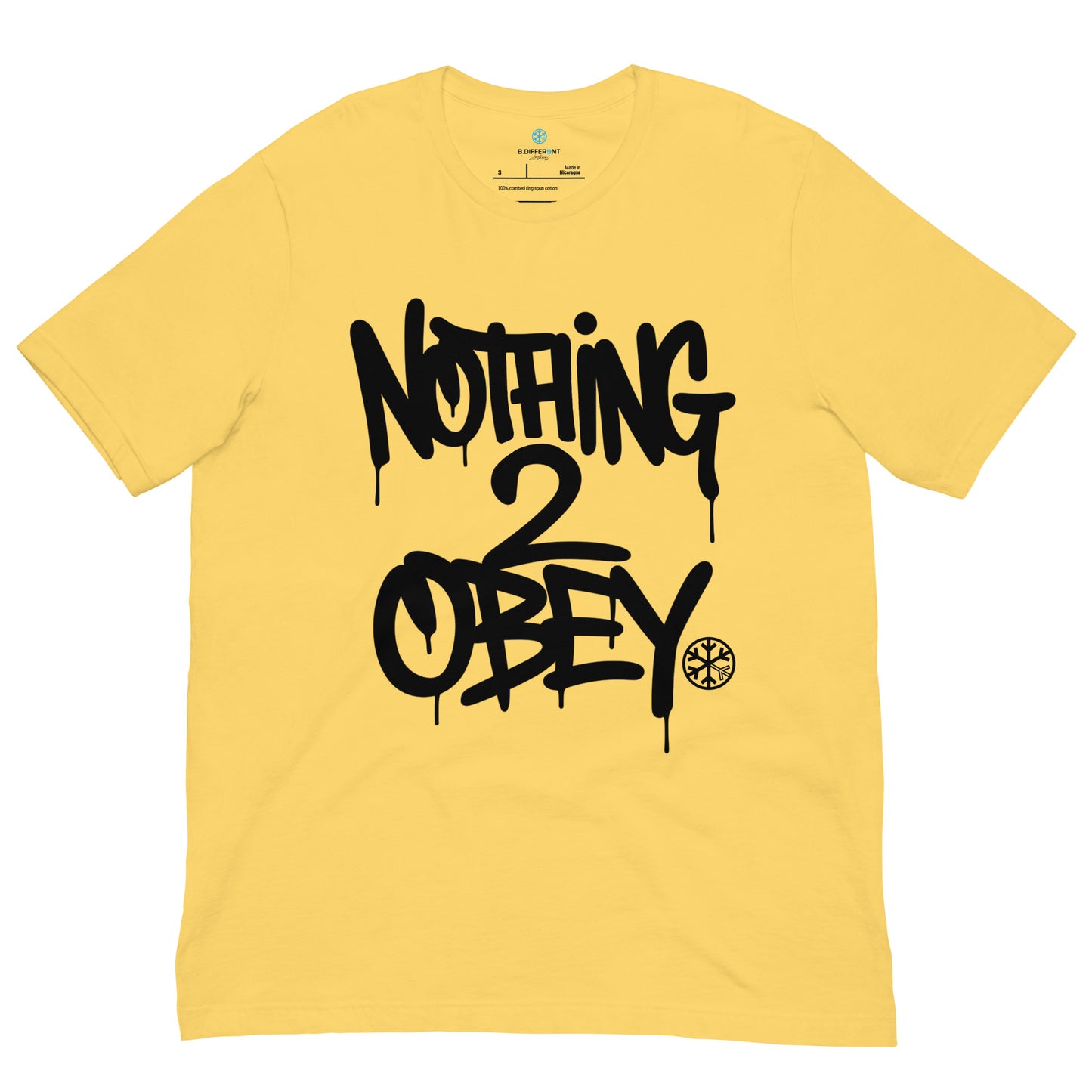 Yellow-Nothing 2 Obey Graffiti Tee from B.Different Clothing, front view, graffiti-inspired streetwear t-shirt