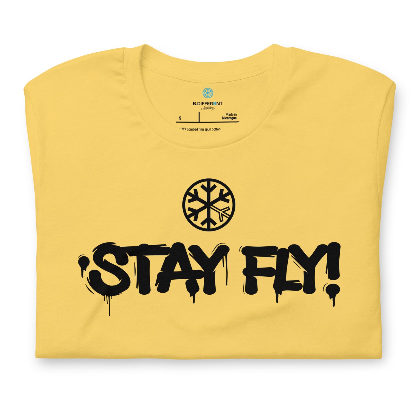 Yellow-Stay Fly Graffiti Tag Tee from B.Different Clothing, folded, graffiti-inspired streetwear t-shirt