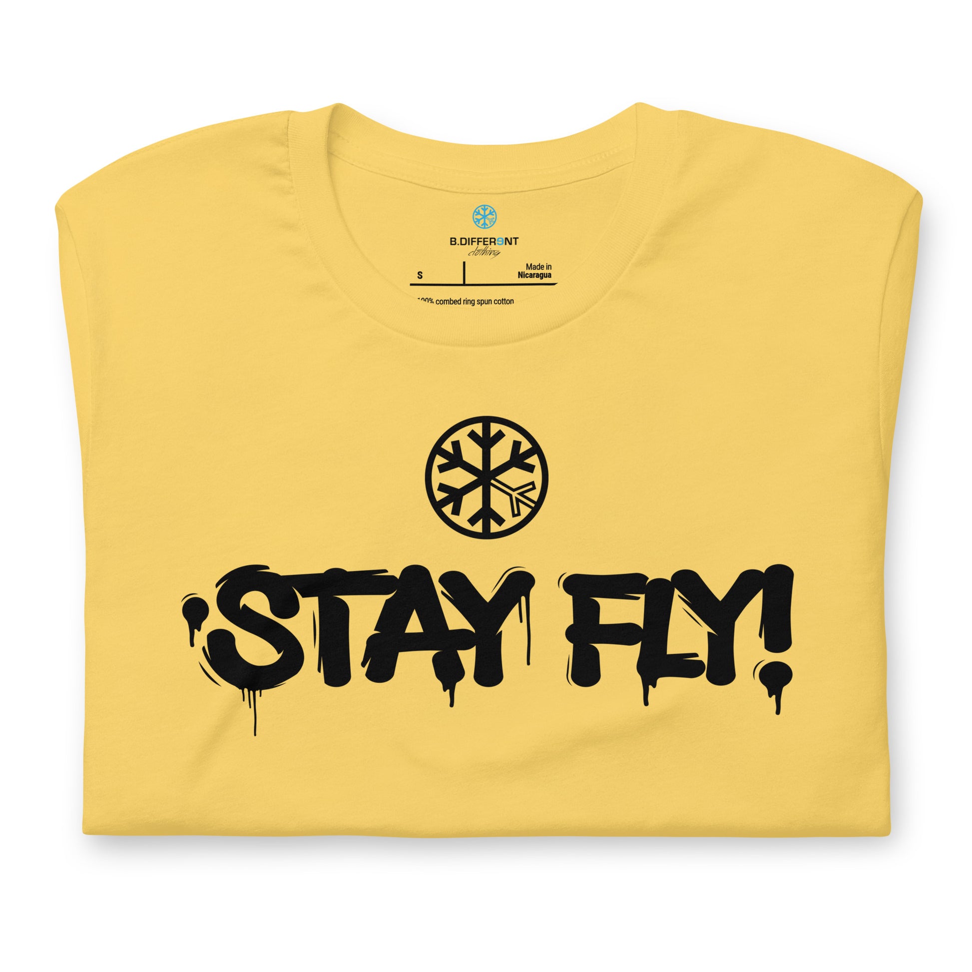 Yellow-Stay Fly Graffiti Tag Tee from B.Different Clothing, folded, graffiti-inspired streetwear t-shirt