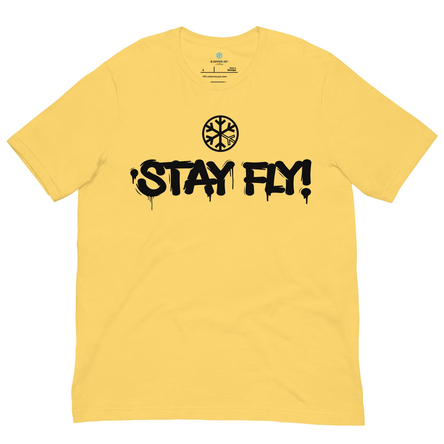 Yellow-Stay Fly Graffiti Tag Tee from B.Different Clothing, front view, graffiti-inspired streetwear t-shirt