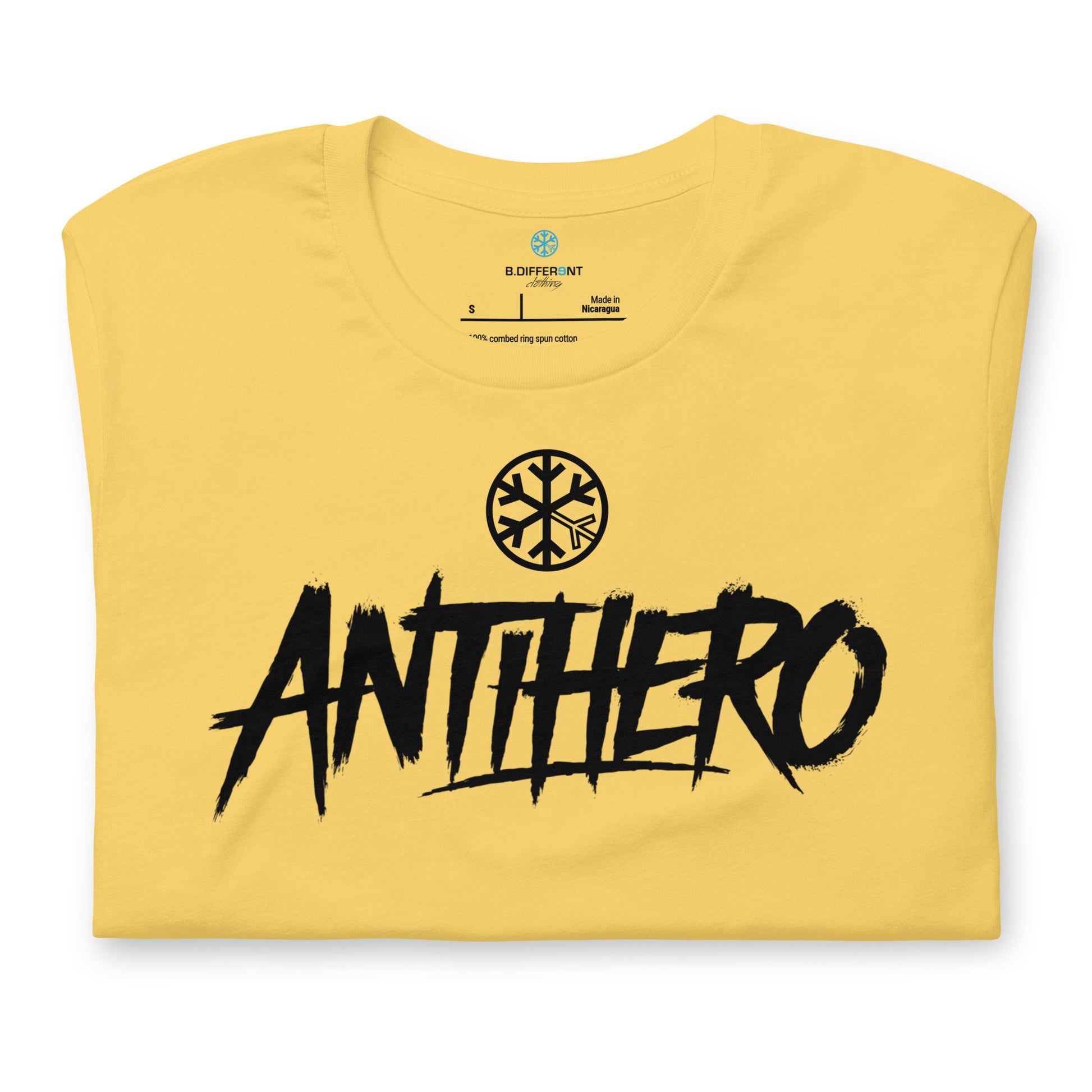 Yellow-Antihero Graffiti Tag Tee from B.Different Clothing, folded, graffiti-inspired streetwear t-shirt