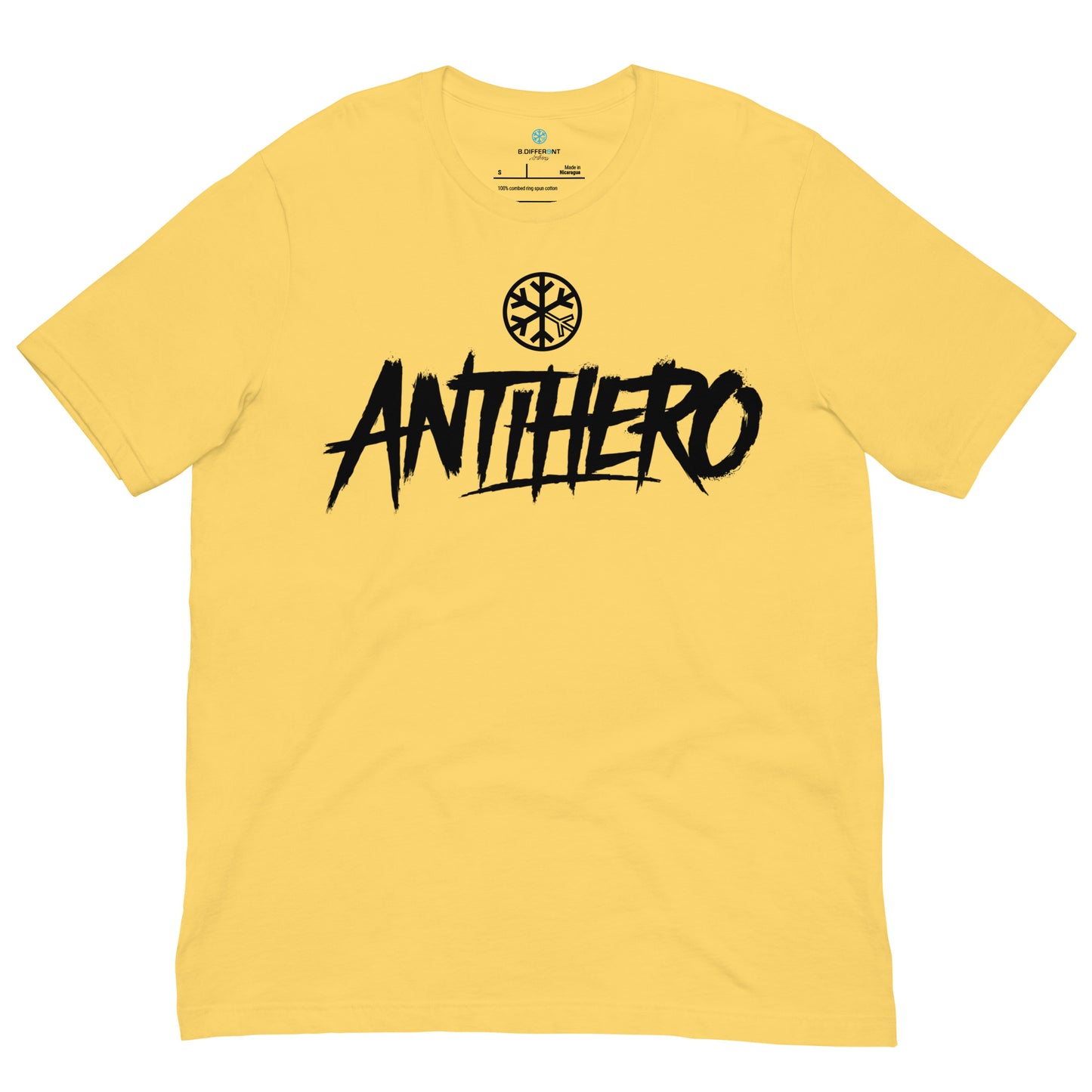 Yellow-Antihero Graffiti Tag Tee from B.Different Clothing, front view, graffiti-inspired streetwear t-shirt
