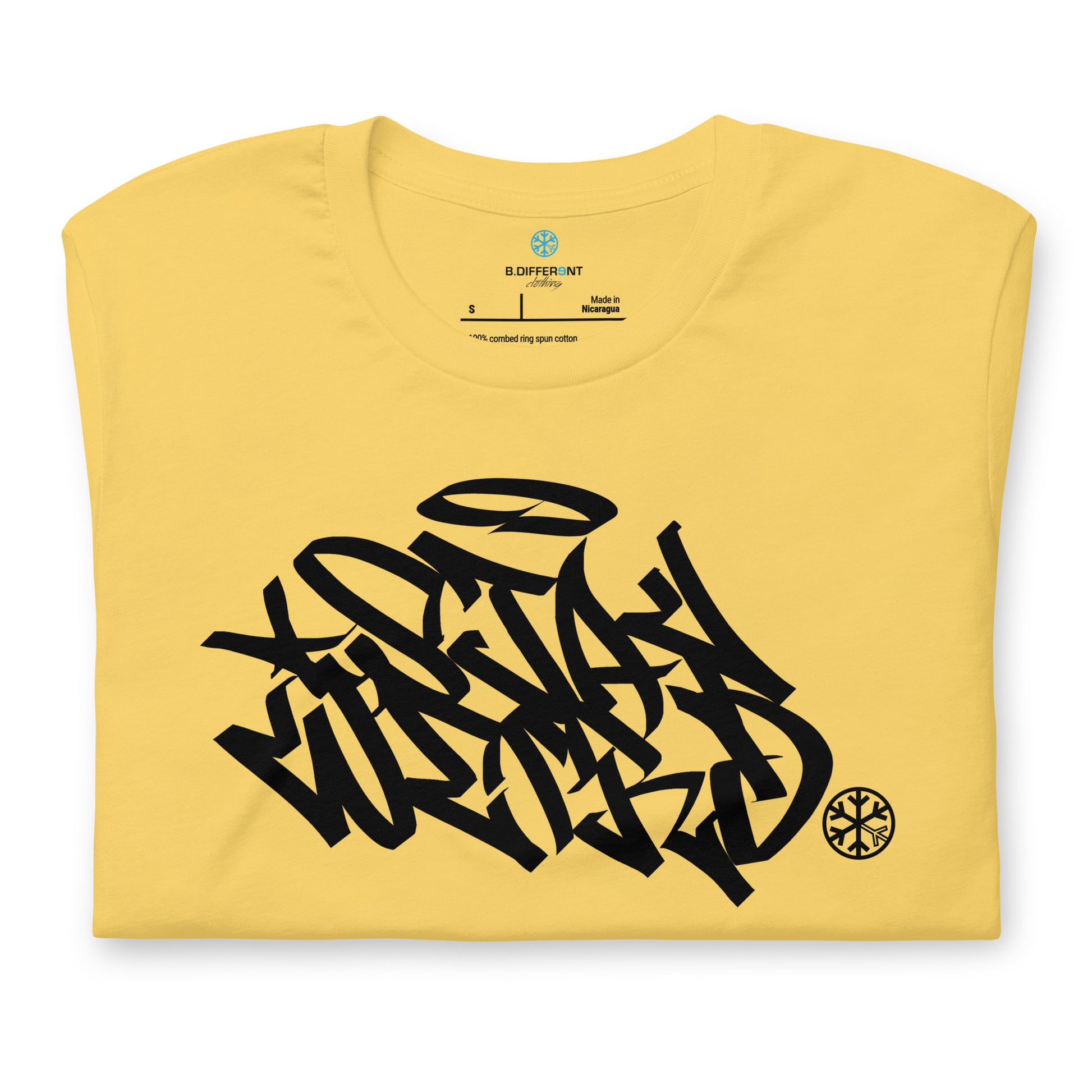 Yellow-Stay Weird Graffiti Tag Tee from B.Different Clothing, folded, graffiti-inspired streetwear t-shirt