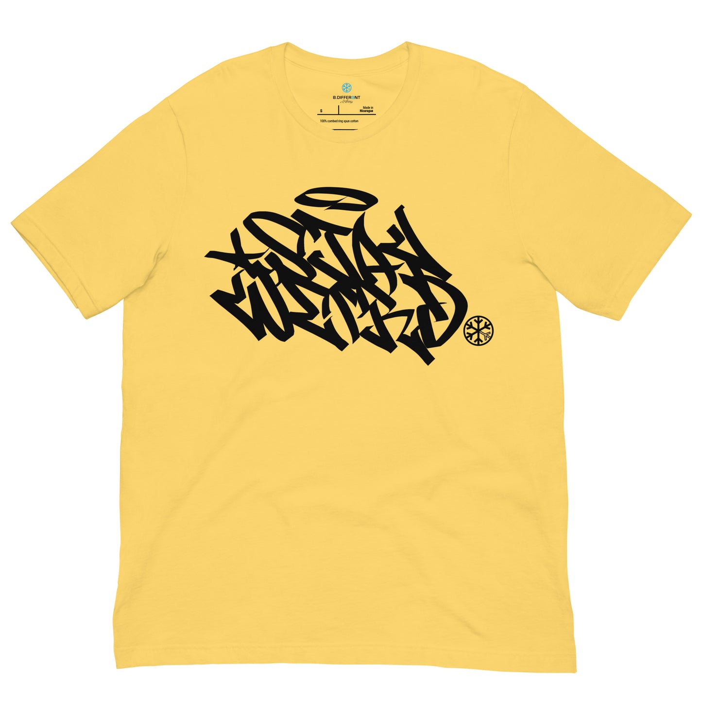 Yellow-Stay Weird Graffiti Tag Tee from B.Different Clothing, front view, graffiti-inspired streetwear t-shirt
