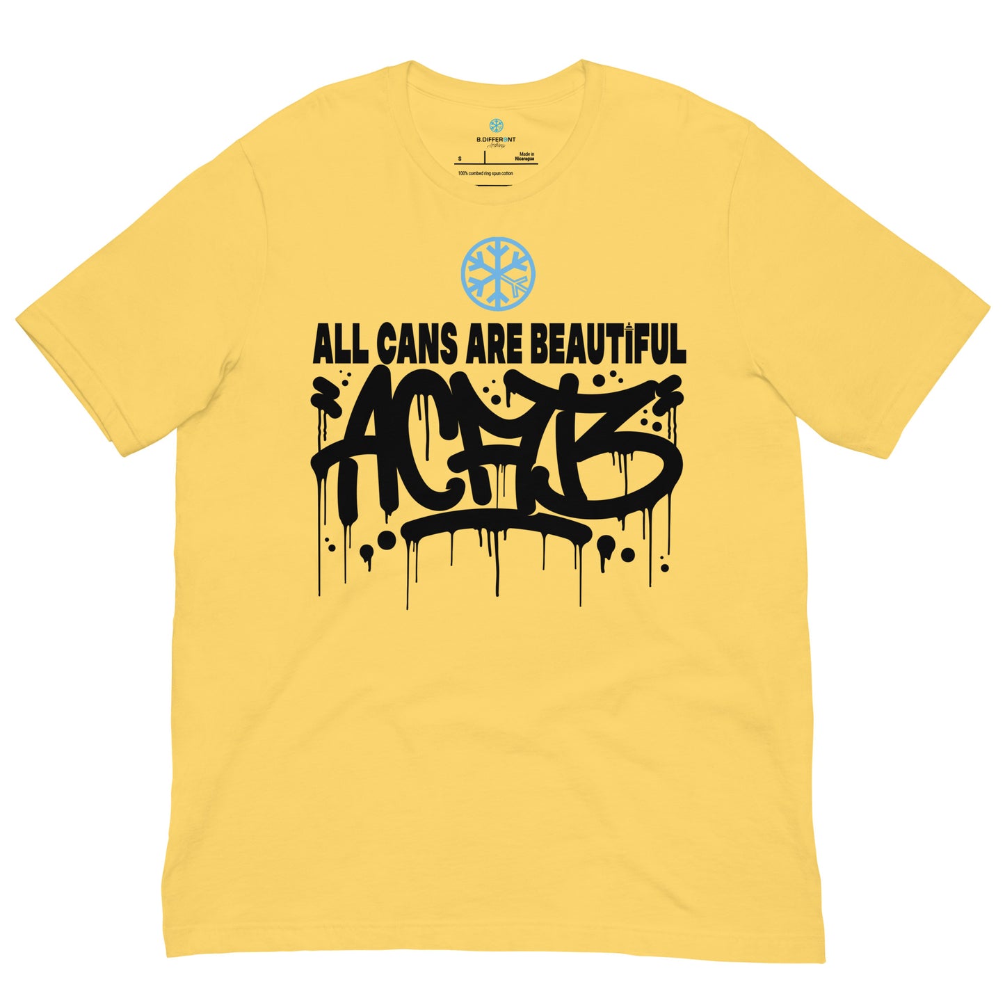 Yellow-Acab Graffiti Tag Tee from B.Different Clothing, front view, graffiti-inspired streetwear t-shirt