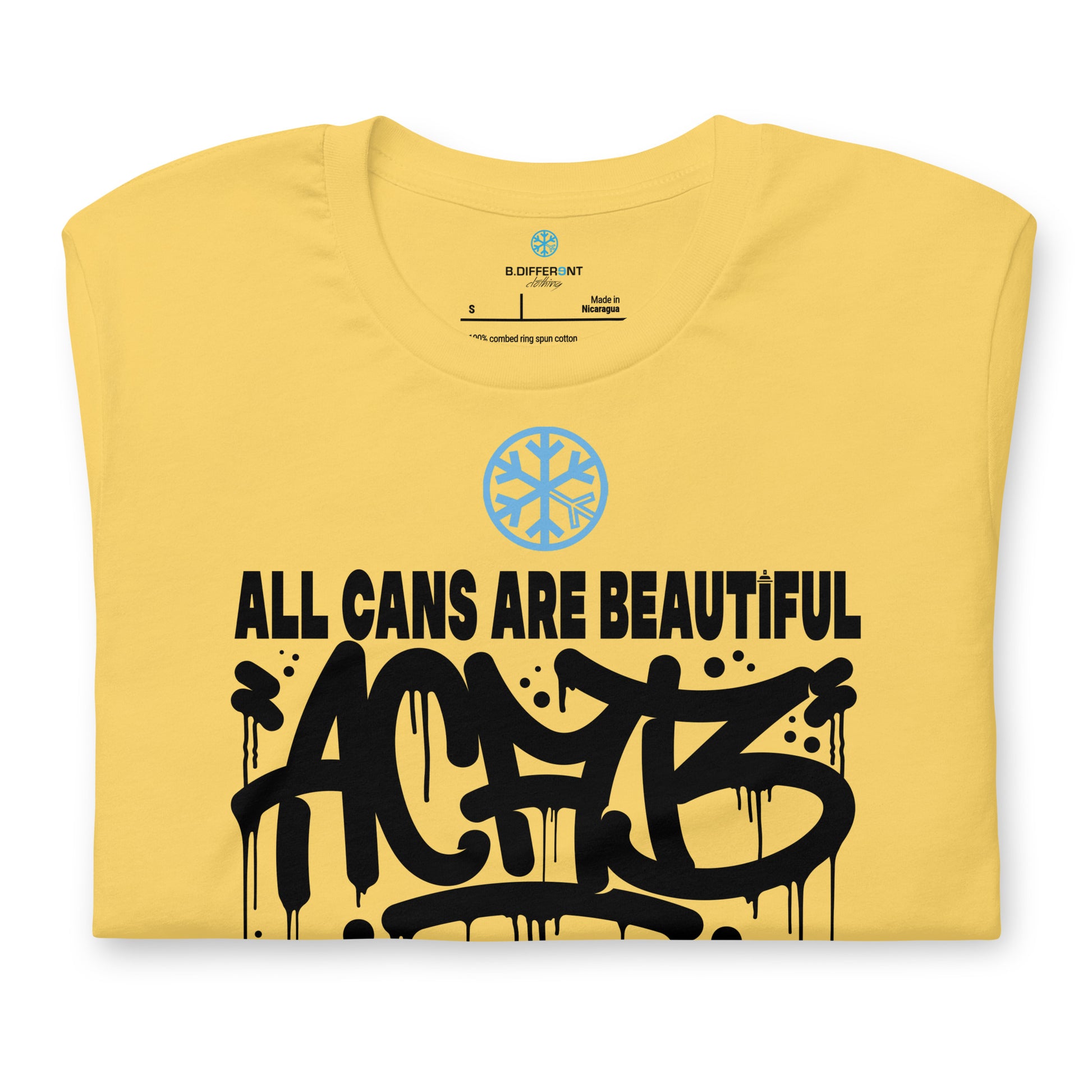 Yellow-Acab Graffiti Tag Tee from B.Different Clothing, folded, graffiti-inspired streetwear t-shirt