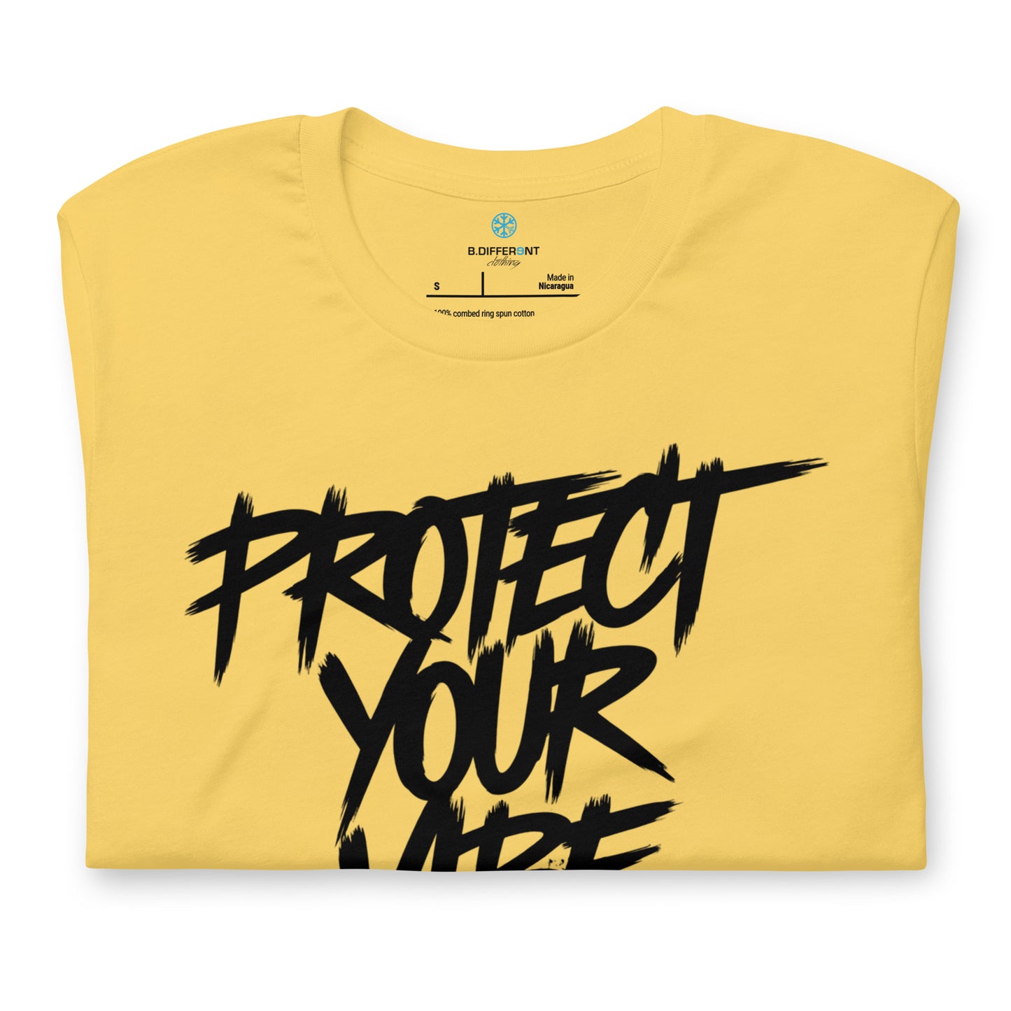 Yellow-Protect Your Vibe Graffiti Tag Tee from B.Different Clothing, folded, graffiti-inspired streetwear t-shirt