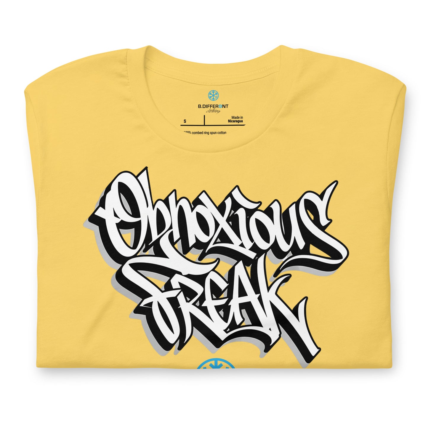 Yellow-Obnoxious Freak Graffiti Tee from B.Different Clothing, folded, graffiti-inspired streetwear t-shirt