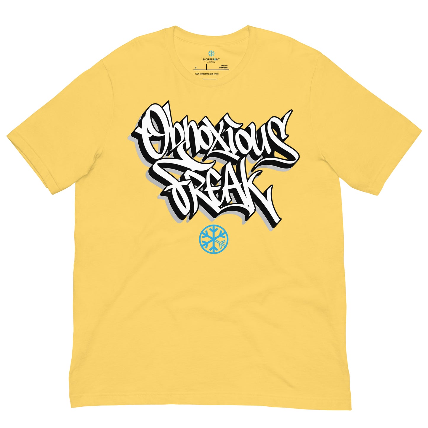 Yellow-Obnoxious Freak Graffiti Tee from B.Different Clothing, front view, graffiti-inspired streetwear t-shirt