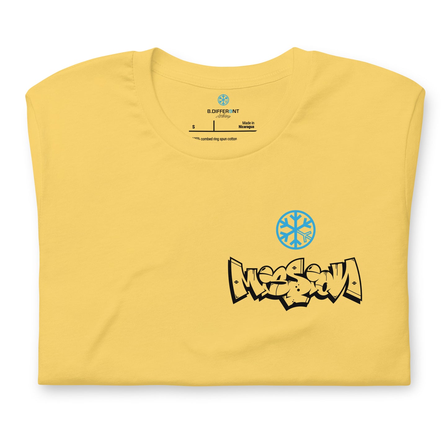 Yellow-Mission Graffiti Character Tee from B.Different Clothing, folded, graffiti-inspired streetwear t-shirt