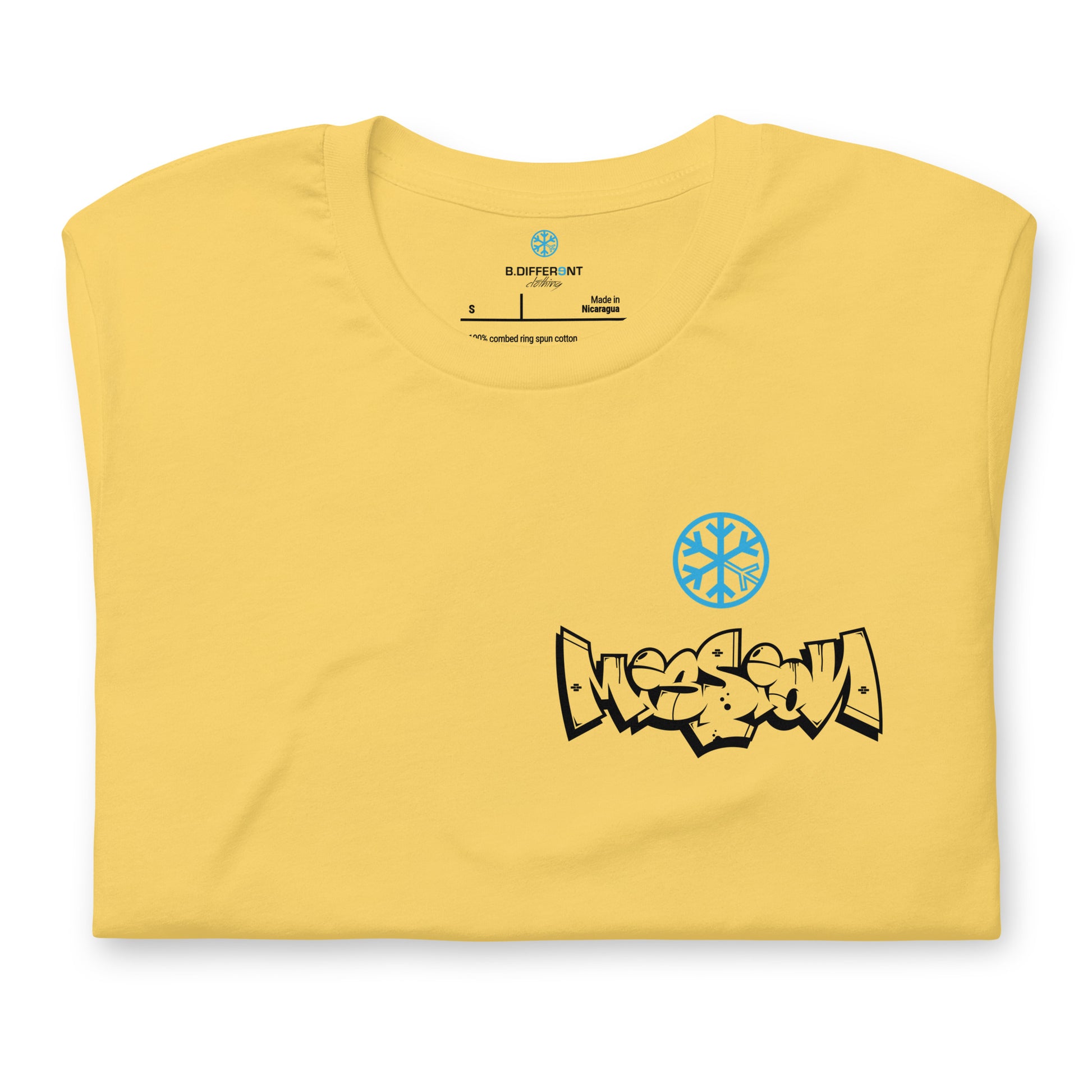 Yellow-Mission Graffiti Character Tee from B.Different Clothing, folded, graffiti-inspired streetwear t-shirt