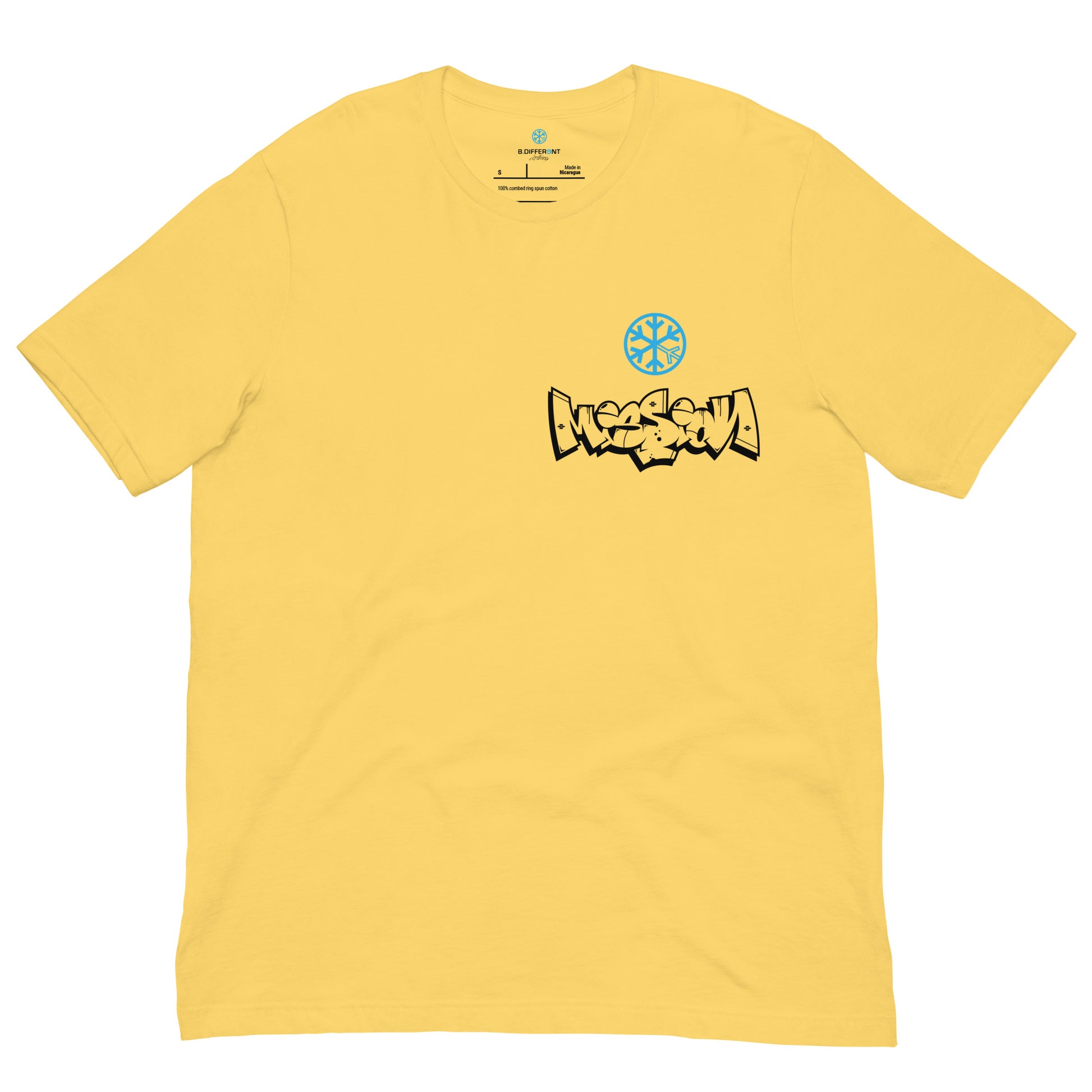 Yellow-Mission Graffiti Character Tee from B.Different Clothing, front view, graffiti-inspired streetwear t-shirt