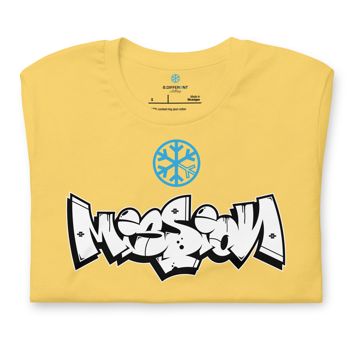 Yellow-Mission Graffiti Piece Tee from B.Different Clothing, folded, graffiti-inspired streetwear t-shirt