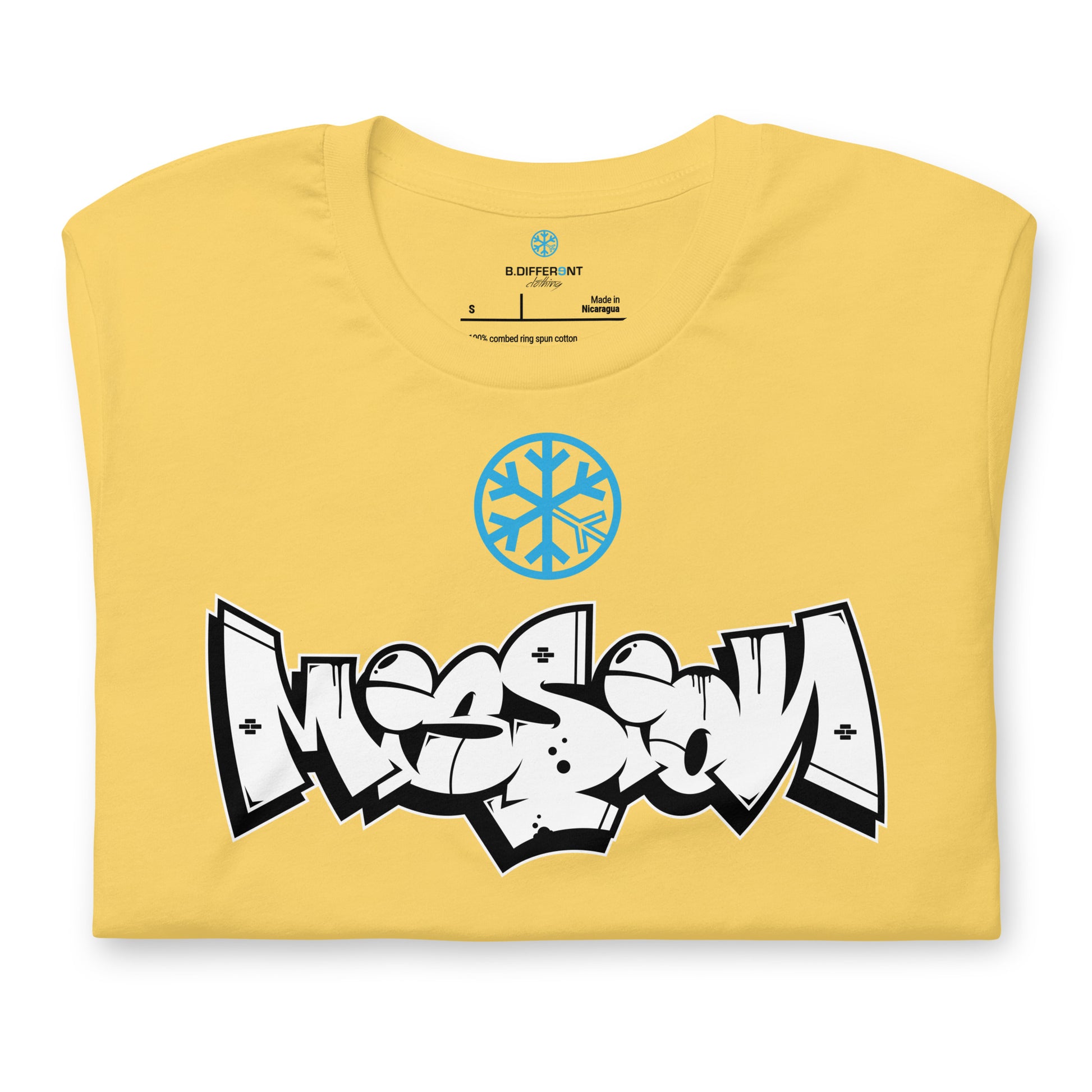Yellow-Mission Graffiti Piece Tee from B.Different Clothing, folded, graffiti-inspired streetwear t-shirt